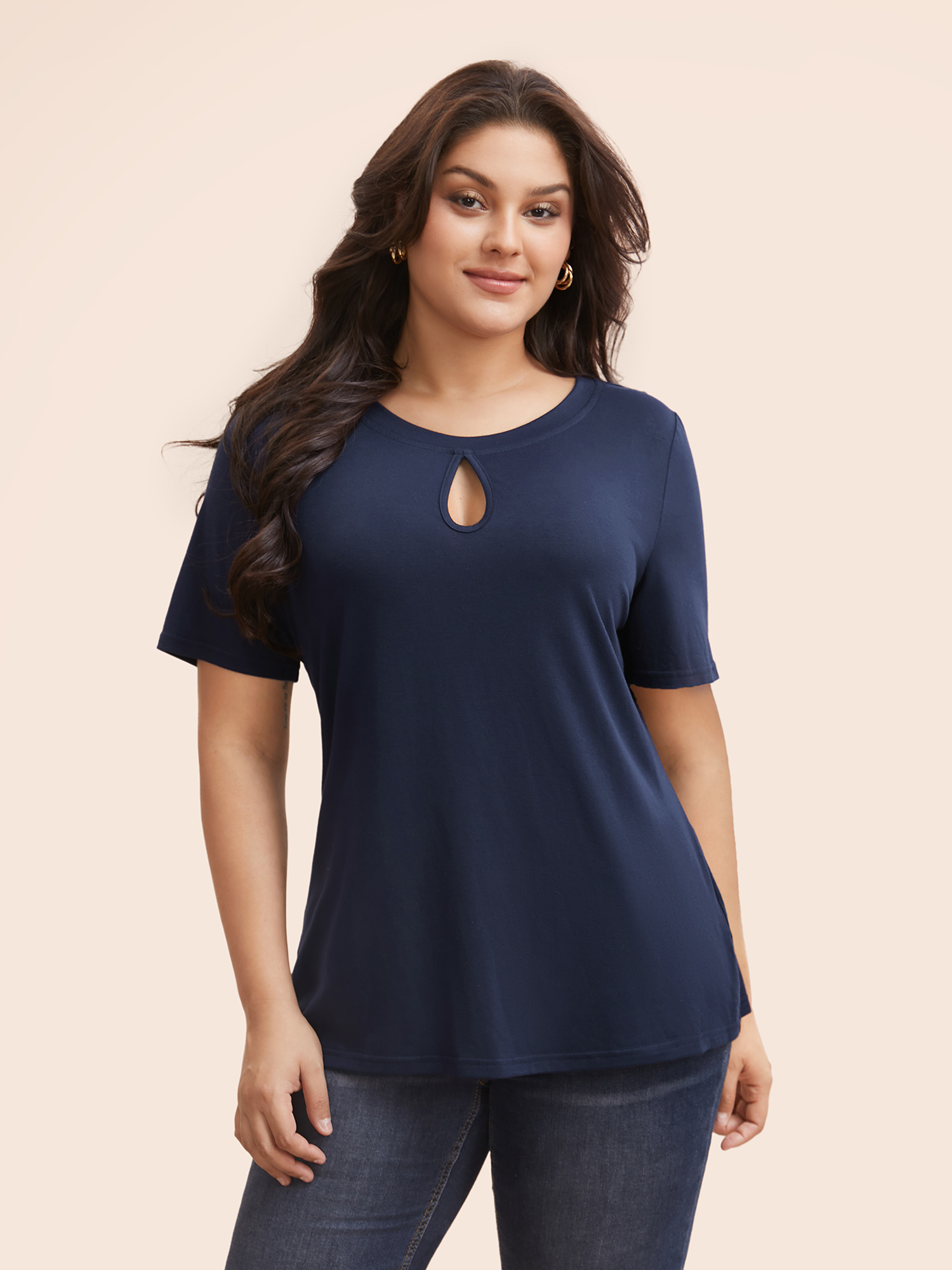 

Plus Size Solid Round Neck Keyhole T-shirt Indigo Women Elegant Cut-Out Round Neck Bodycon Everyday T-shirts BloomChic