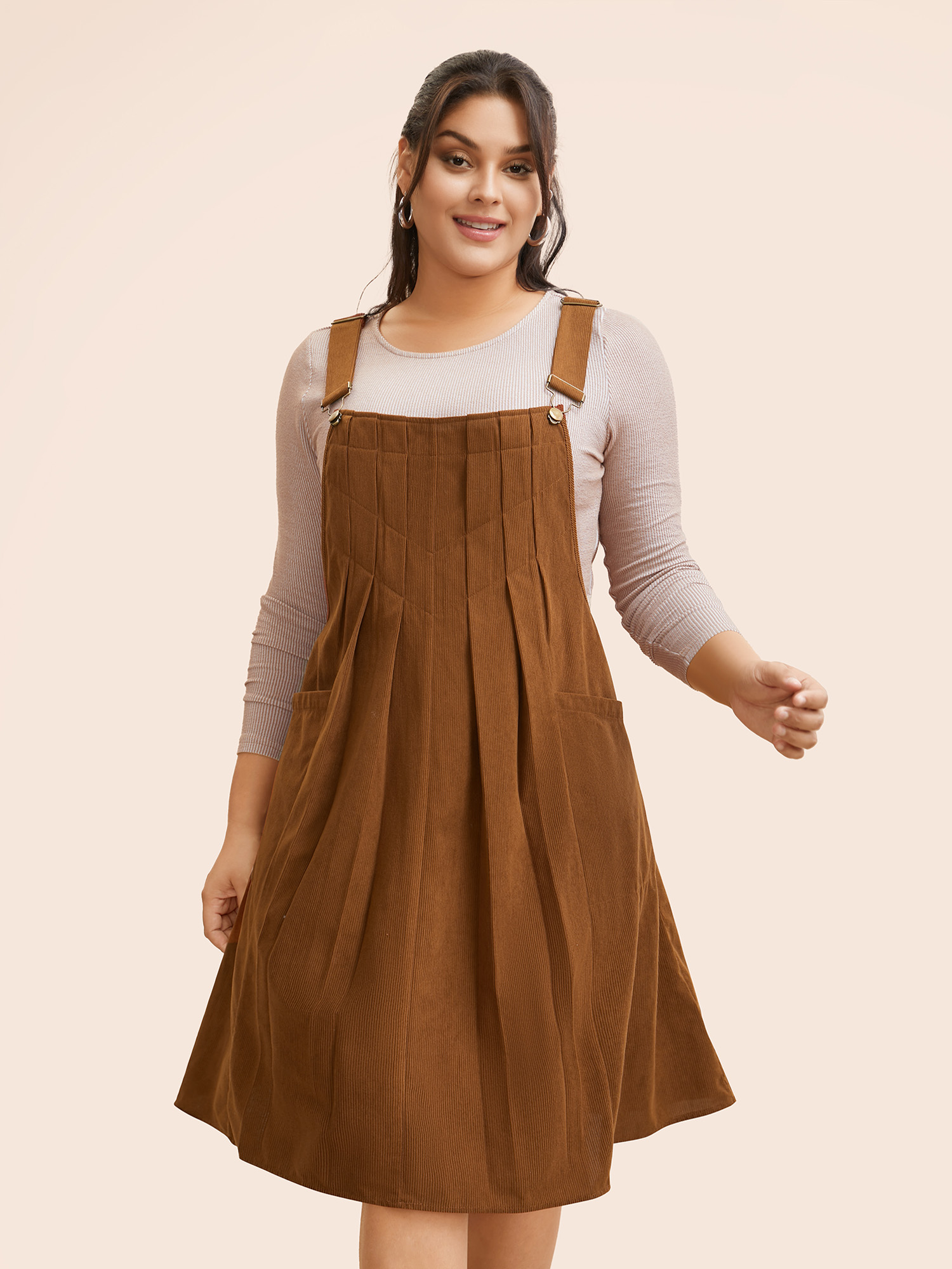 

Plus Size Solid Corduroy Pleated Overall Dress Bronze Women Casual Texture Non Sleeveless Curvy BloomChic