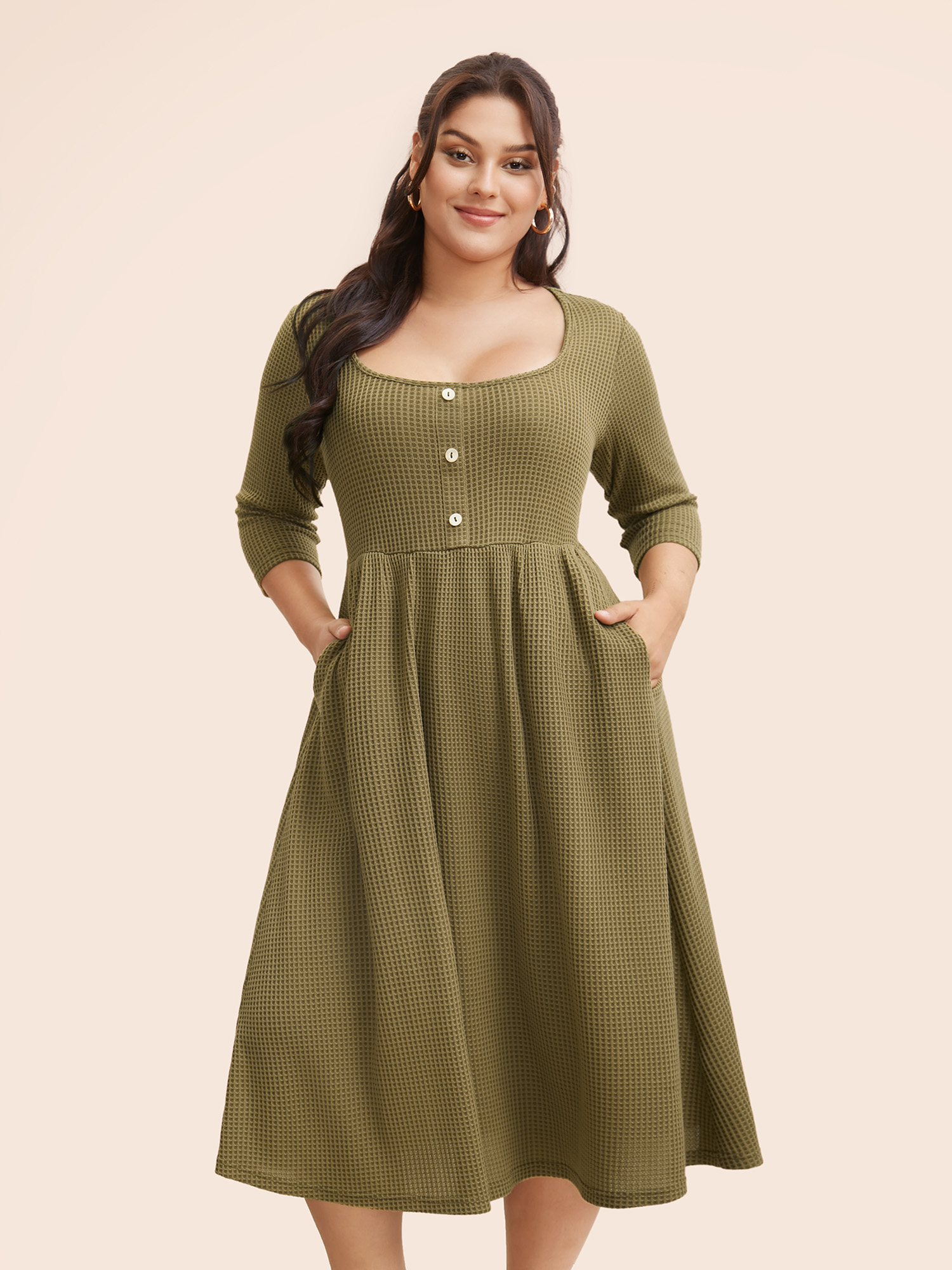 

Plus Size Square Neck Waffle Knit Button Detail Dress ArmyGreen Women Casual Texture Square Neck Elbow-length sleeve Curvy BloomChic