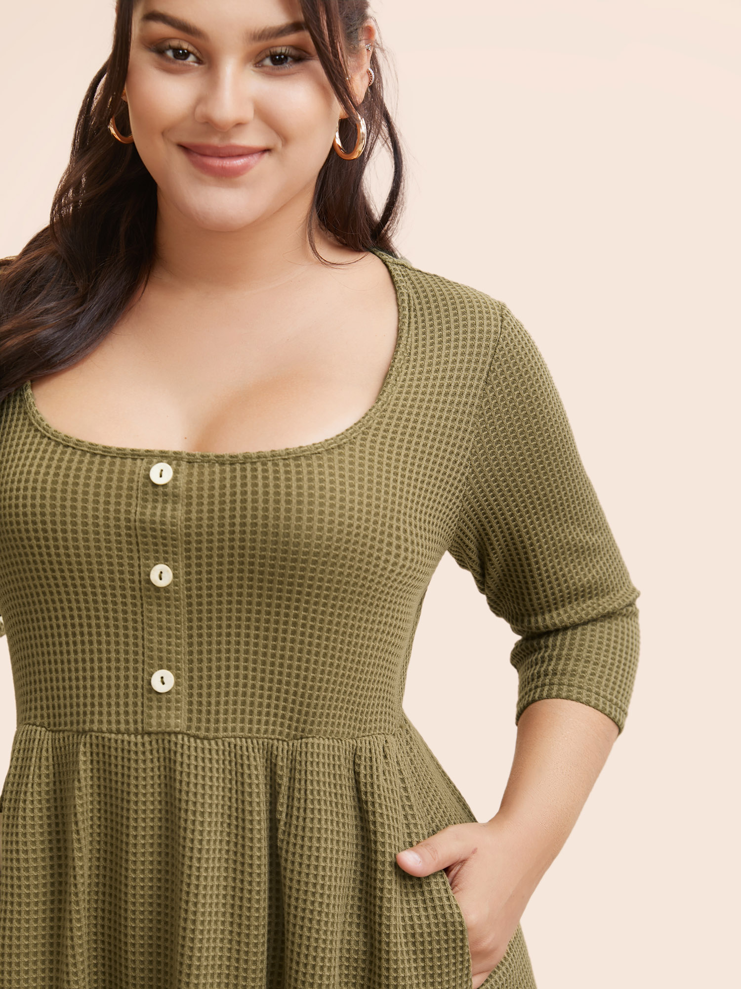 

Plus Size Square Neck Waffle Knit Button Detail Dress ArmyGreen Women Casual Texture Square Neck Elbow-length sleeve Curvy BloomChic