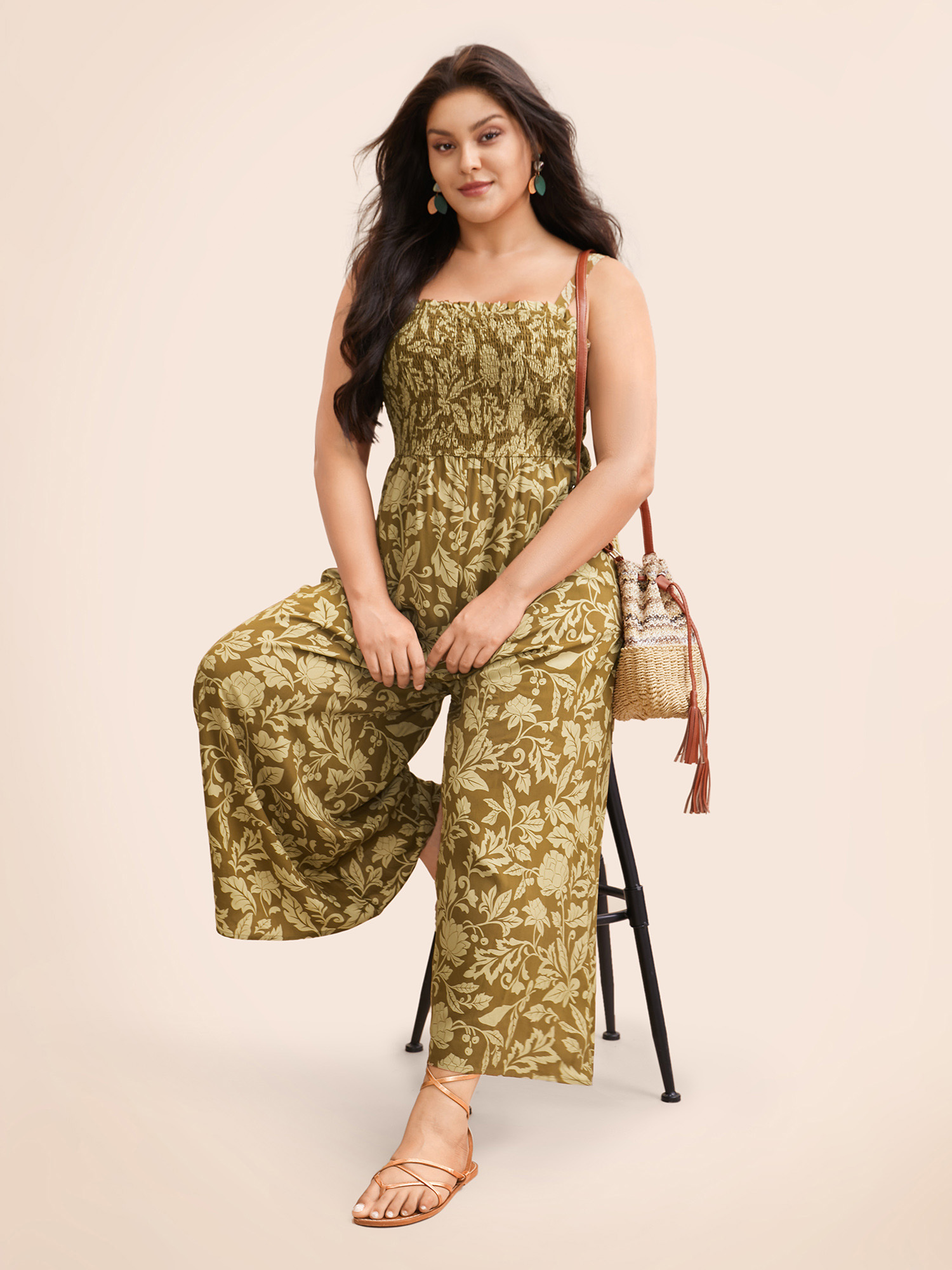 

Plus Size Olive Vintage Flower Shirred Frill Trim Jumpsuit Women Elegant Sleeveless Non Everyday Loose Jumpsuits BloomChic