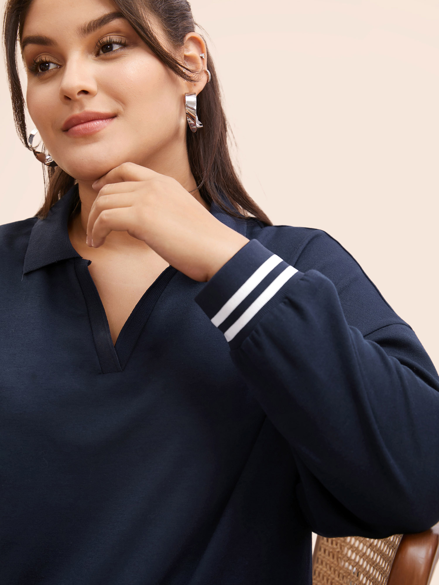 Plus Size Polo Neck Contrast Trim Drop Shoulder Sweatshirt Women Midnight Casual Contrast Polo Everyday Sweatshirts BloomChic 18-20/2X 