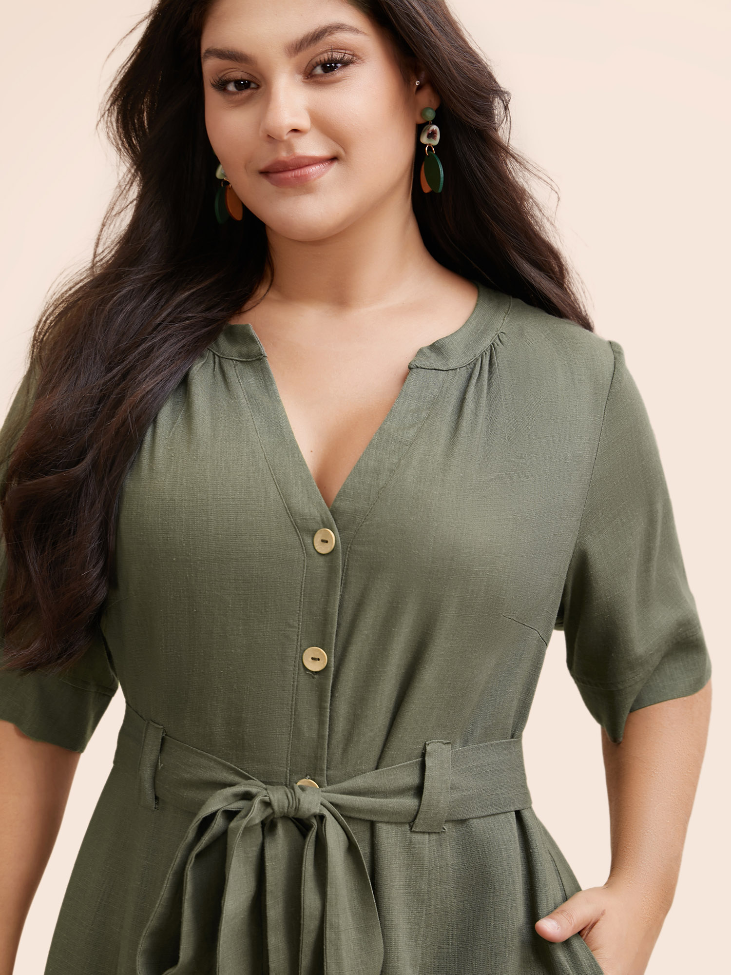 

Plus Size Olive Cotton Linen Button Up Belted Jumpsuit Women Elegant Half Sleeve Flat collar with V-notch Everyday Loose Jumpsuits BloomChic