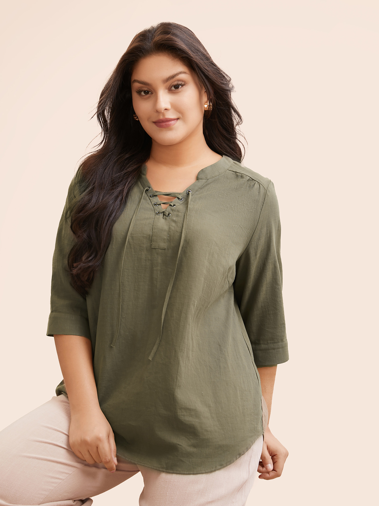 

Plus Size ArmyGreen Solid Cross Straps Pleated Blouse Women Elegant Long Sleeve V-neck Everyday Blouses BloomChic