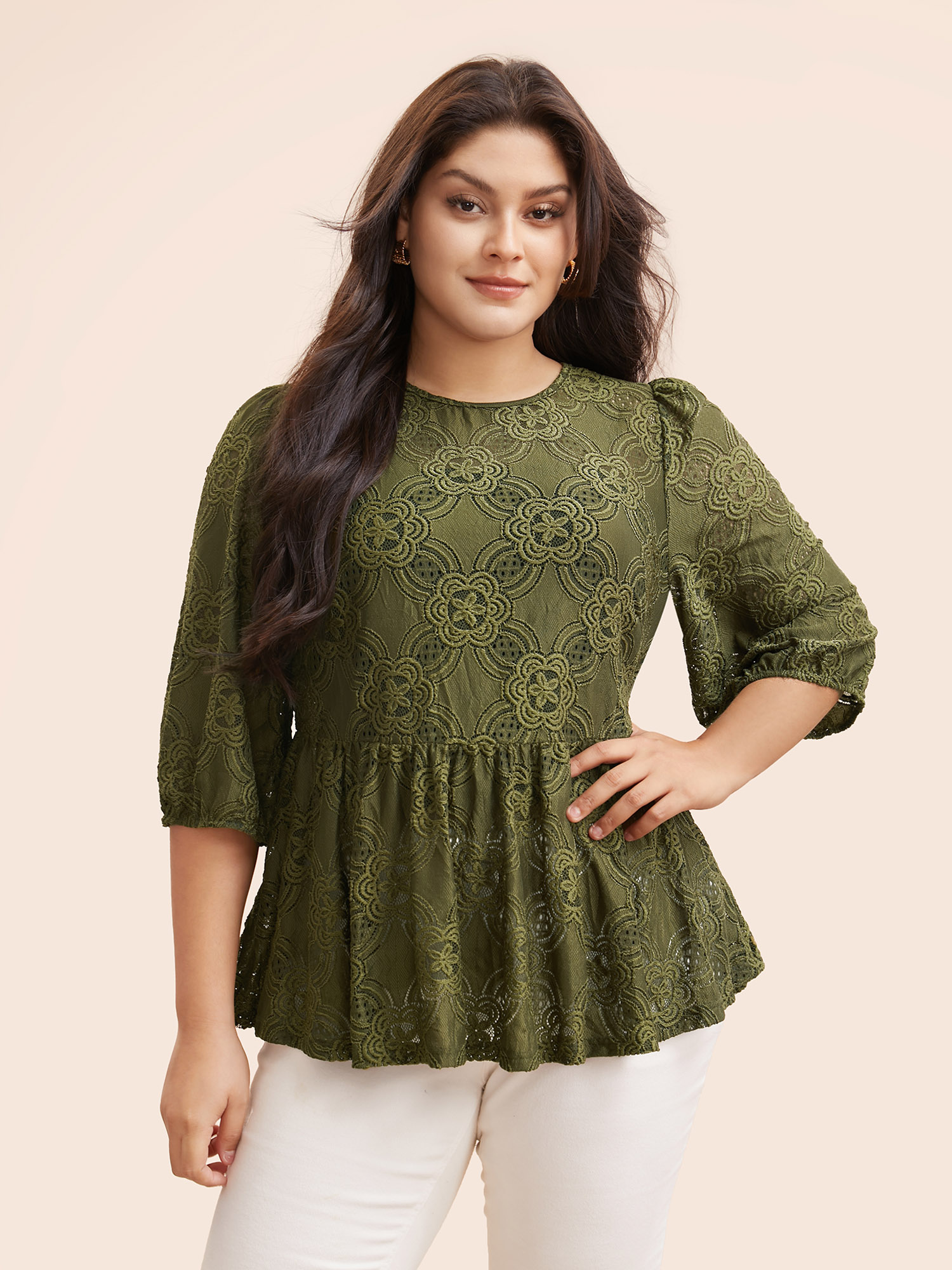 

Plus Size Olive Crew Neck Crochet Lace Lantern Sleeve Blouse Women Elegant Elbow-length sleeve Round Neck Everyday Blouses BloomChic