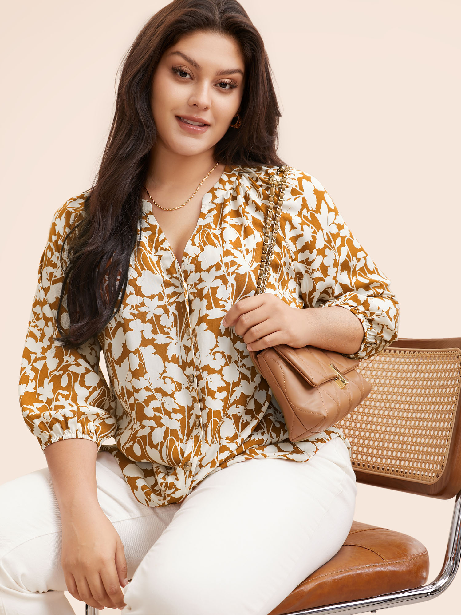 

Plus Size Yellowishbrown Notched Silhouette Floral Print Lantern Sleeve Blouse Women Elegant Elbow-length sleeve Flat collar with V-notch Everyday Blouses BloomChic