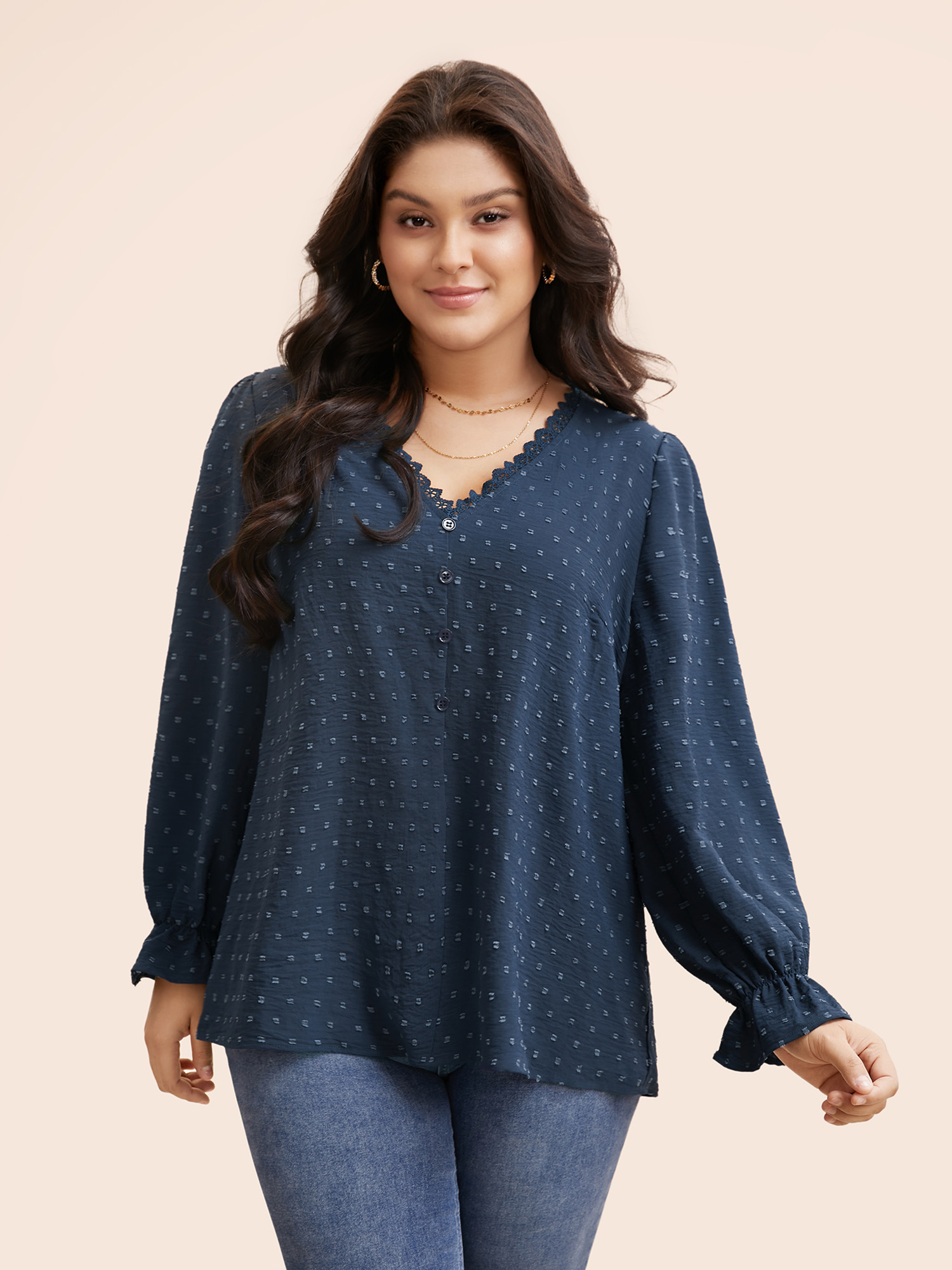 

Plus Size Indigo Textured Lace Trim Patchwork Ruffles Blouse Women Elegant Long Sleeve V-neck Everyday Blouses BloomChic