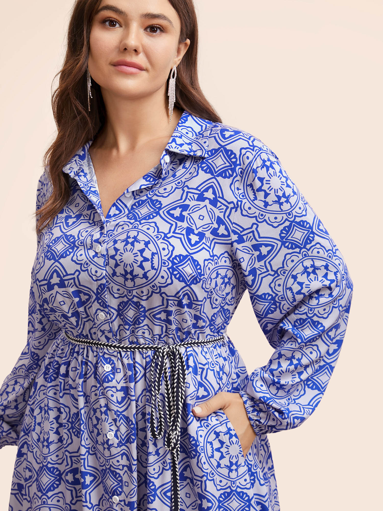 

Plus Size Bandana Print Shirt Collar Belted Midi Dress Cerulean Women Cocktail Belted Shirt collar Long Sleeve Curvy BloomChic