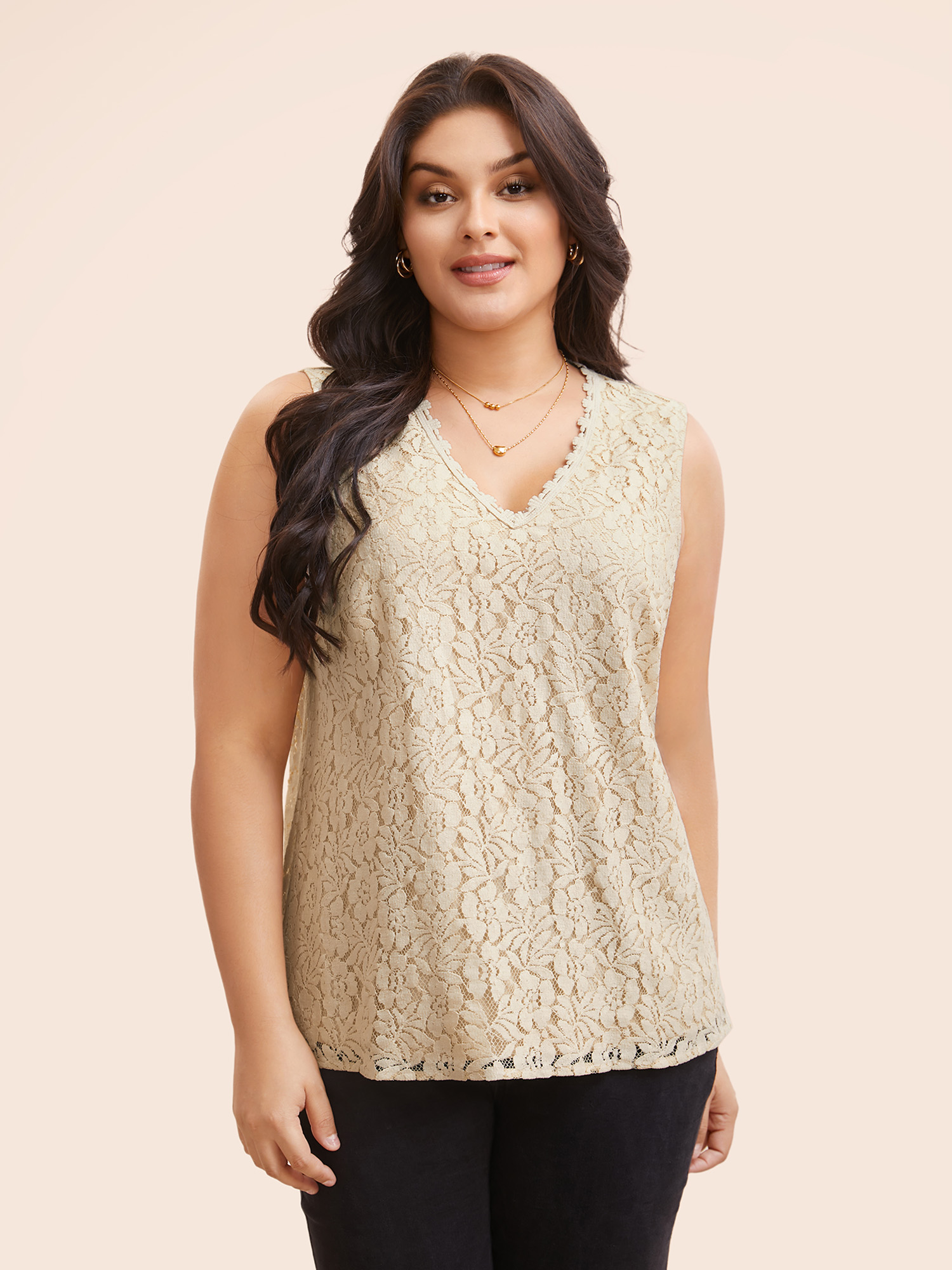 

Plus Size V Neck Crochet Lace Mesh Tank Top Women LightBrown Elegant Woven ribbon&lace trim V-neck Everyday Tank Tops Camis BloomChic