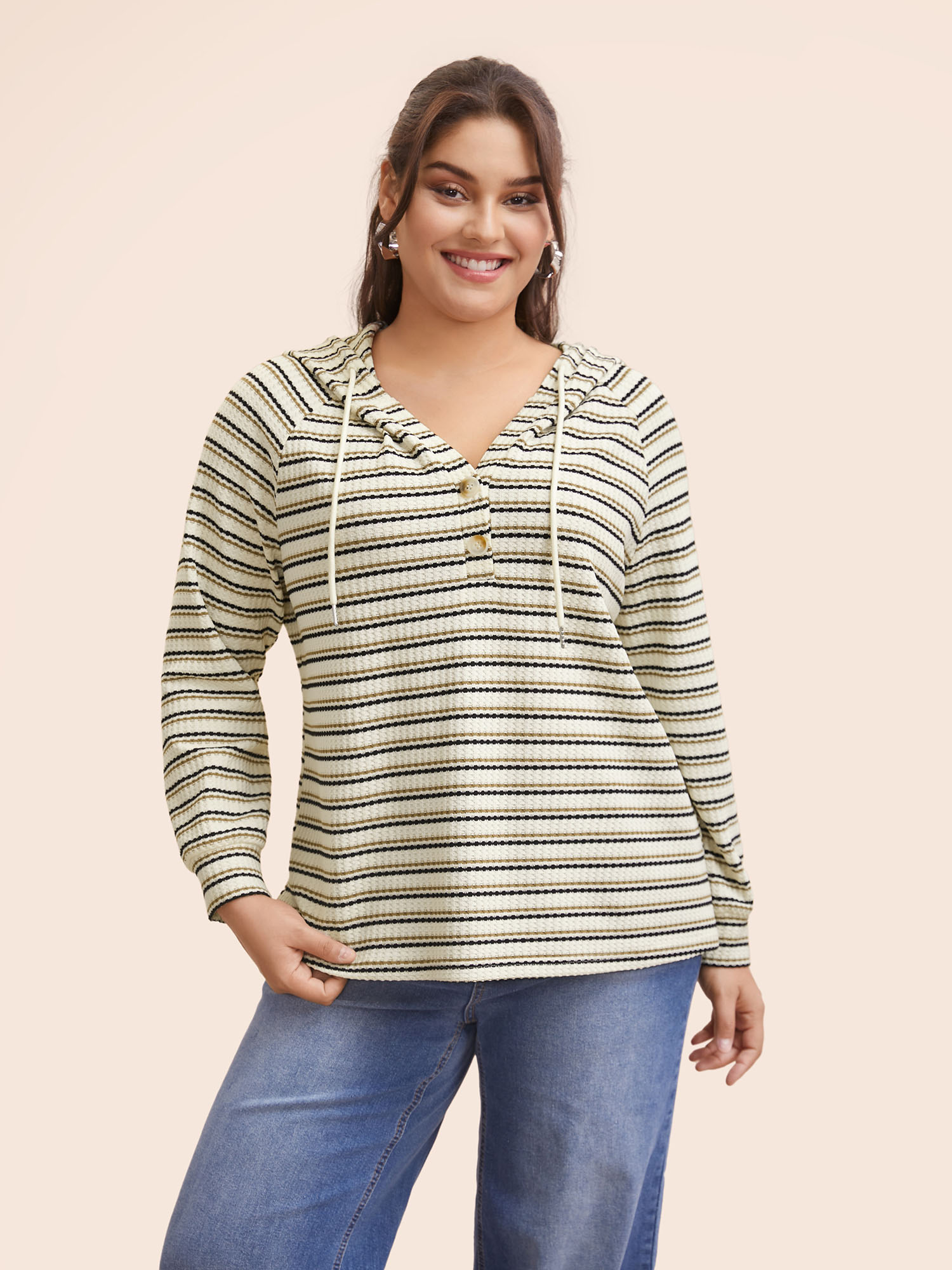 

Plus Size Striped Texture Raglan Sleeve Hooded T-shirt Multicolor Women Casual Texture Hooded Everyday T-shirts BloomChic