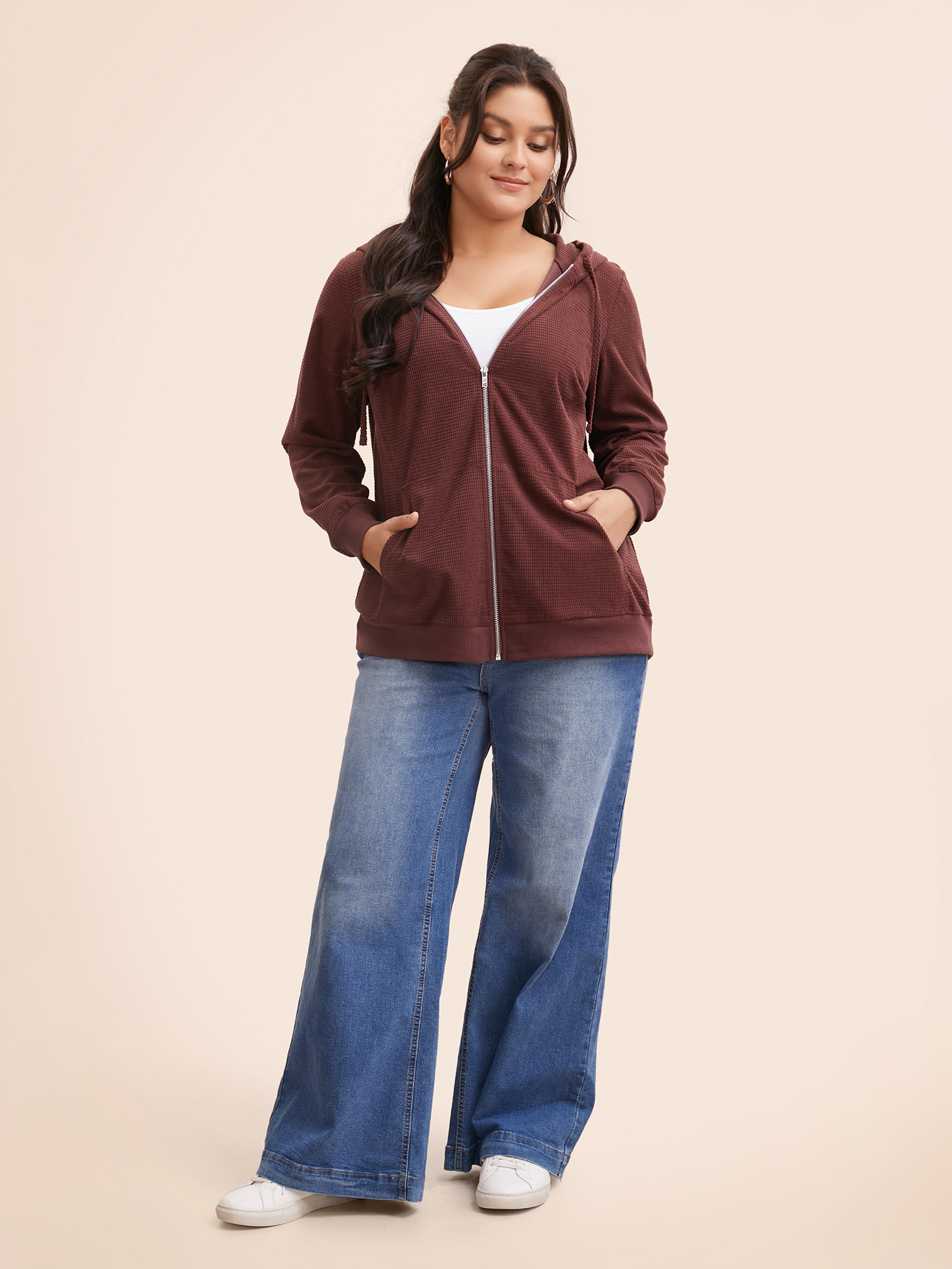 Plus Size Solid Corduroy Hooded Drawstring Sweatshirt Women Scarlet Casual Texture Hooded Everyday Sweatshirts BloomChic 10/M 