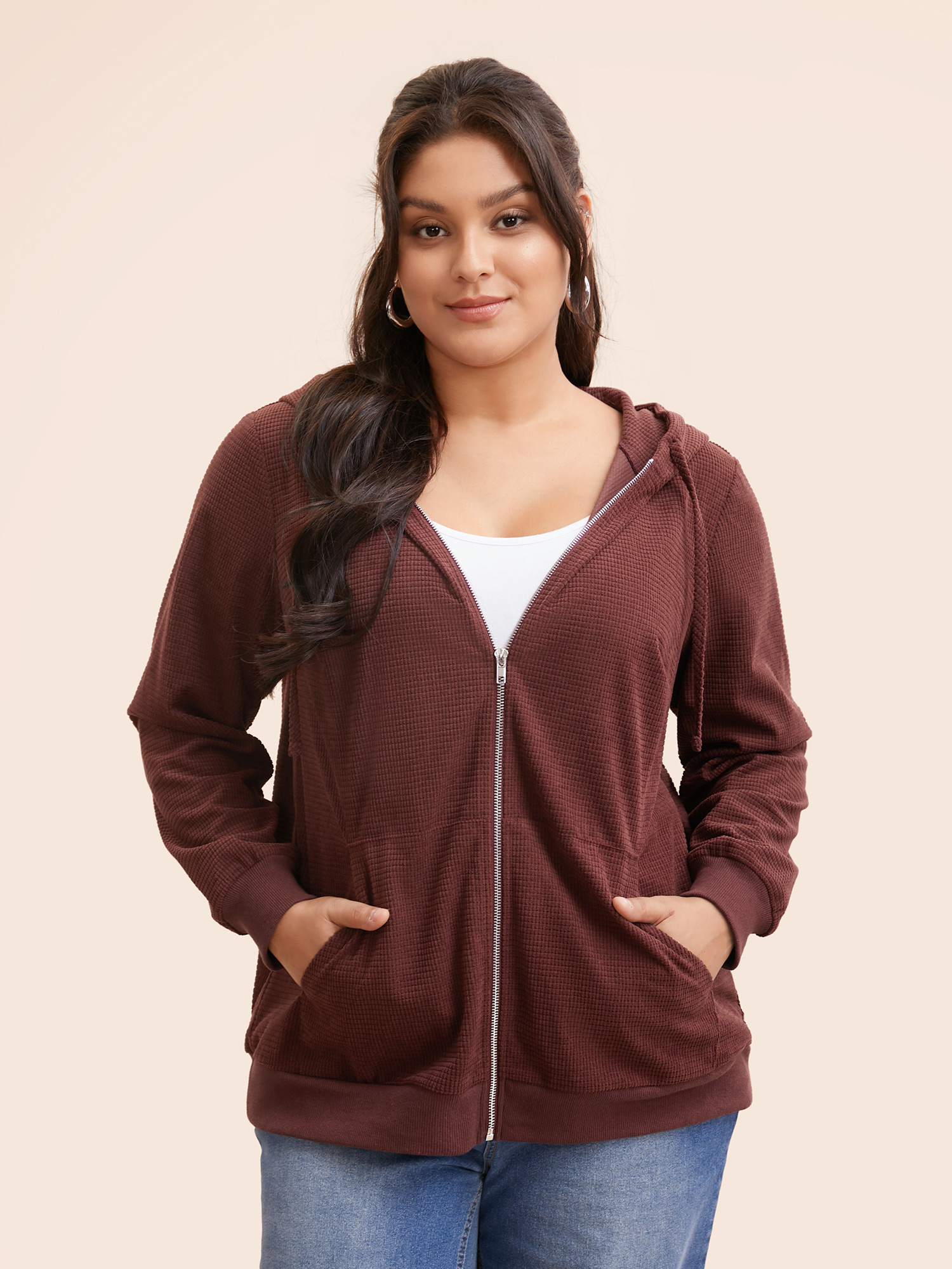 Plus Size Solid Corduroy Hooded Drawstring Sweatshirt Women Scarlet Casual Texture Hooded Everyday Sweatshirts BloomChic 10/M 