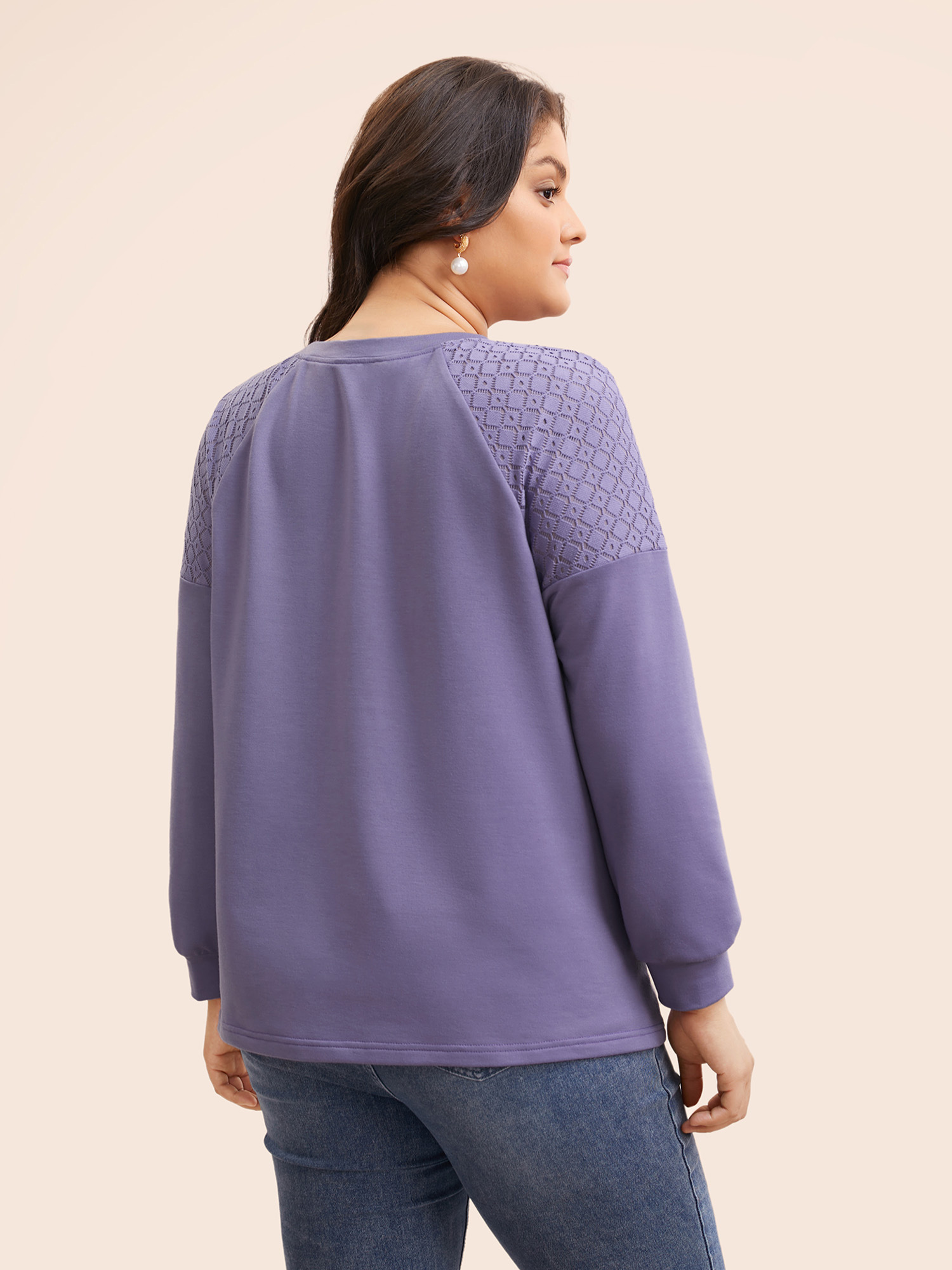 

Plus Size Round Neck Lace Patchwork Lantern Sleeve Sweatshirt Women Mauve Elegant Patchwork Round Neck Everyday Sweatshirts BloomChic