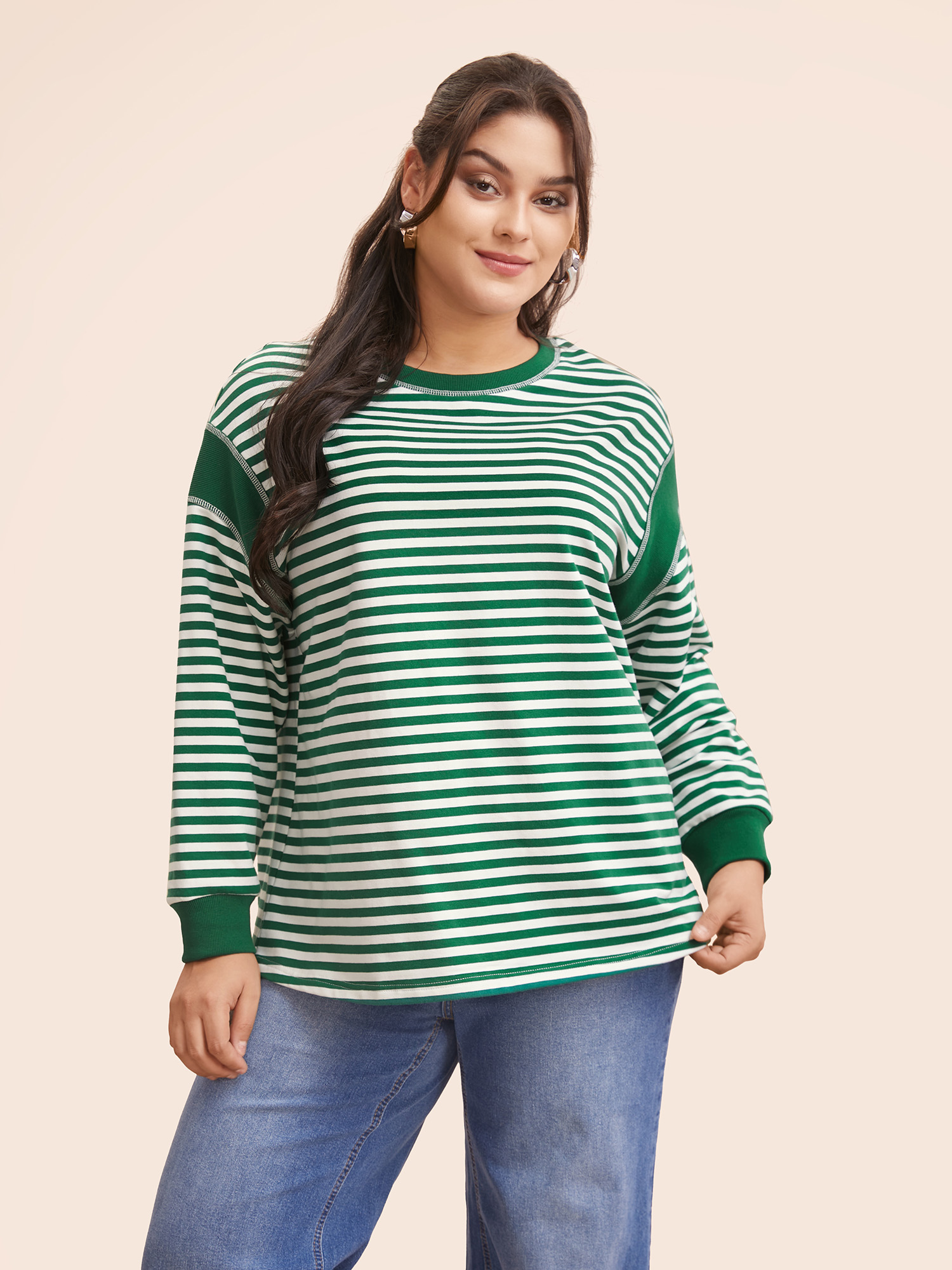 

Plus Size Round Neck Striped Patchwork Stitch Sweatshirt Women Truegreen Casual Contrast Loose Round Neck Everyday Sweatshirts BloomChic