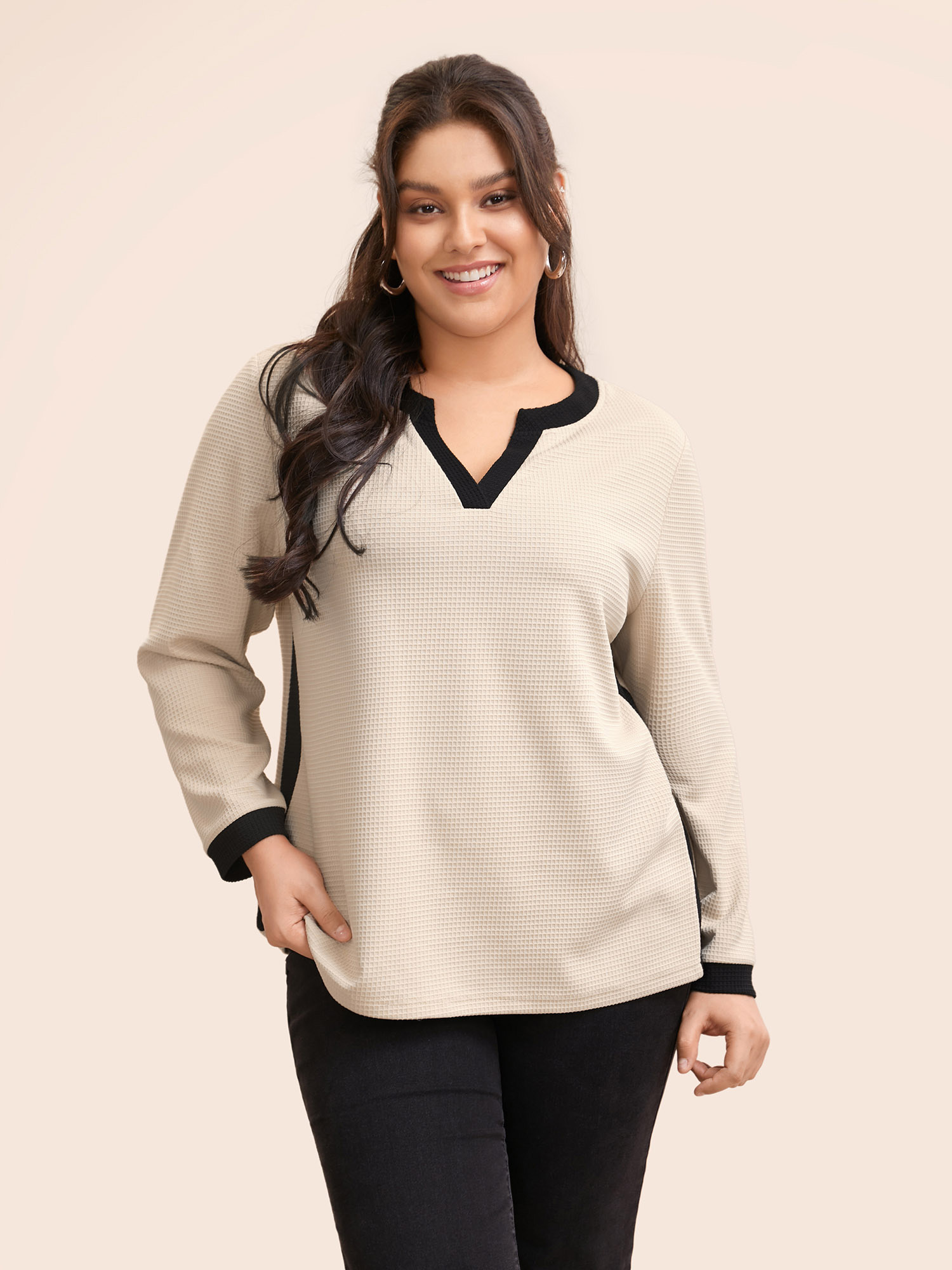 

Plus Size Notched Rib Knit Contrast Trim Sweatshirt Women Apricot Casual Texture Flat collar with V-notch Everyday Sweatshirts BloomChic