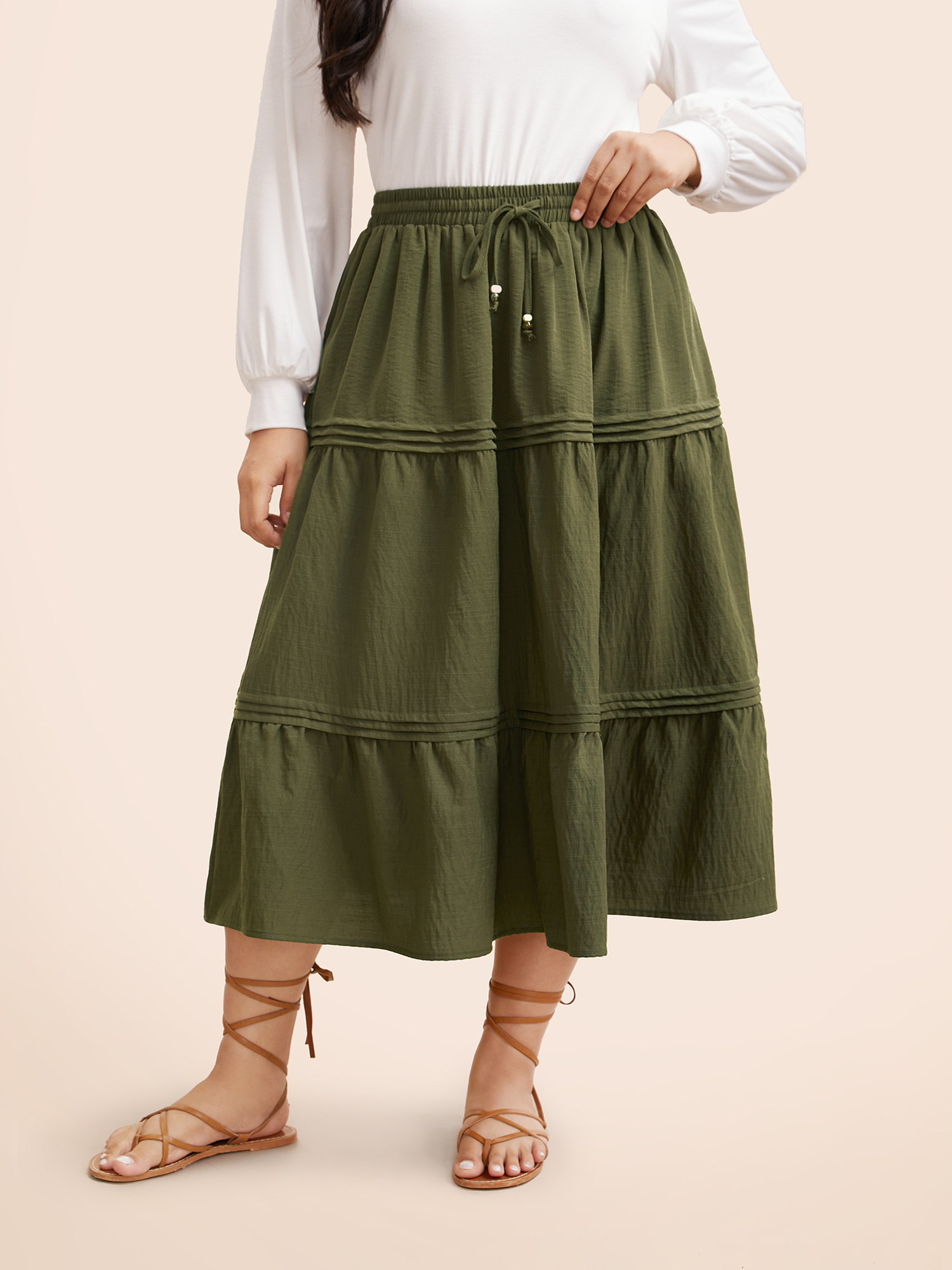 

Plus Size Solid Drawstring Pleated Ruffle Layered Hem Skirt Women ArmyGreen Casual Pleated Loose No stretch Slanted pocket Everyday Skirts BloomChic