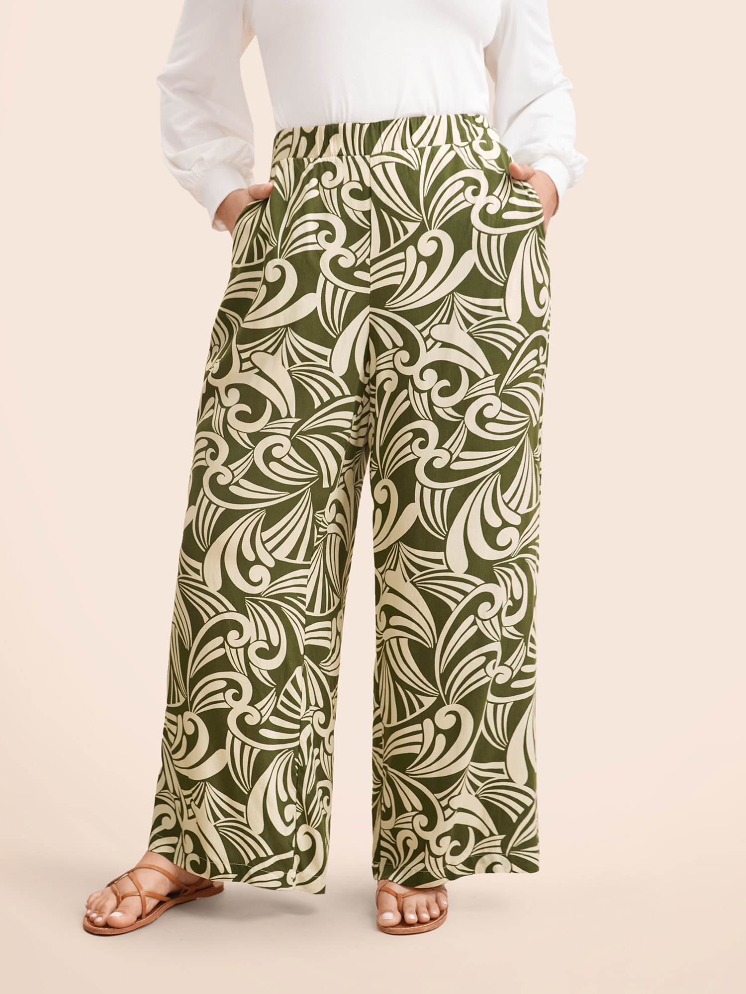 

Plus Size Tropical Print Wide Leg Mid Rise Pants Women Moss Casual Wide Leg Mid Rise Everyday Pants BloomChic