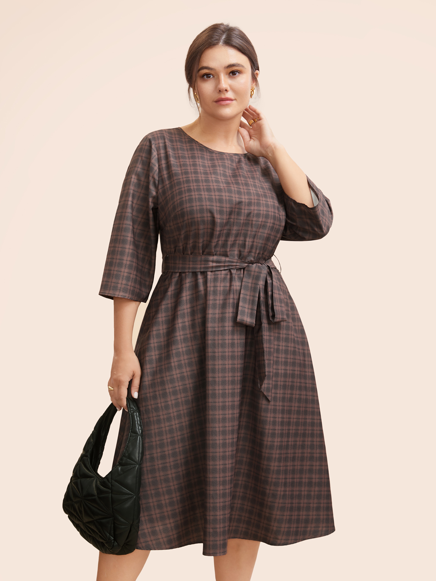 

Plus Size Plaid Round Neck Belted Midi Dress Browncoffeecolor Women At the Office Belted Round Neck Elbow-length sleeve Curvy BloomChic