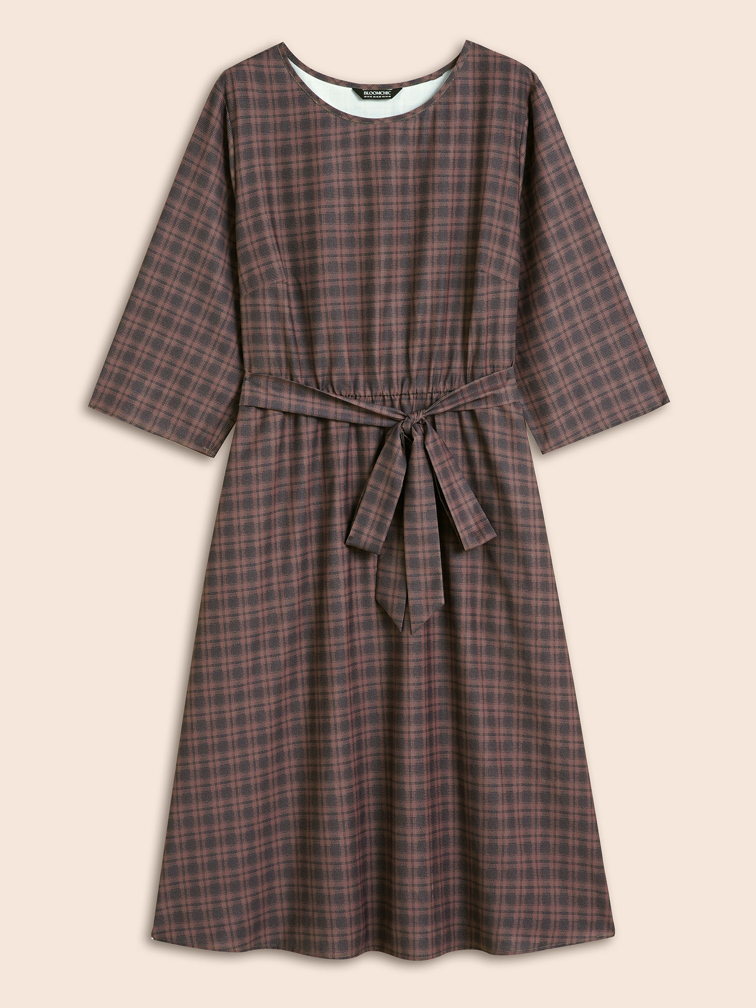 

Plus Size Plaid Round Neck Belted Midi Dress Browncoffeecolor Women At the Office Belted Round Neck Elbow-length sleeve Curvy BloomChic