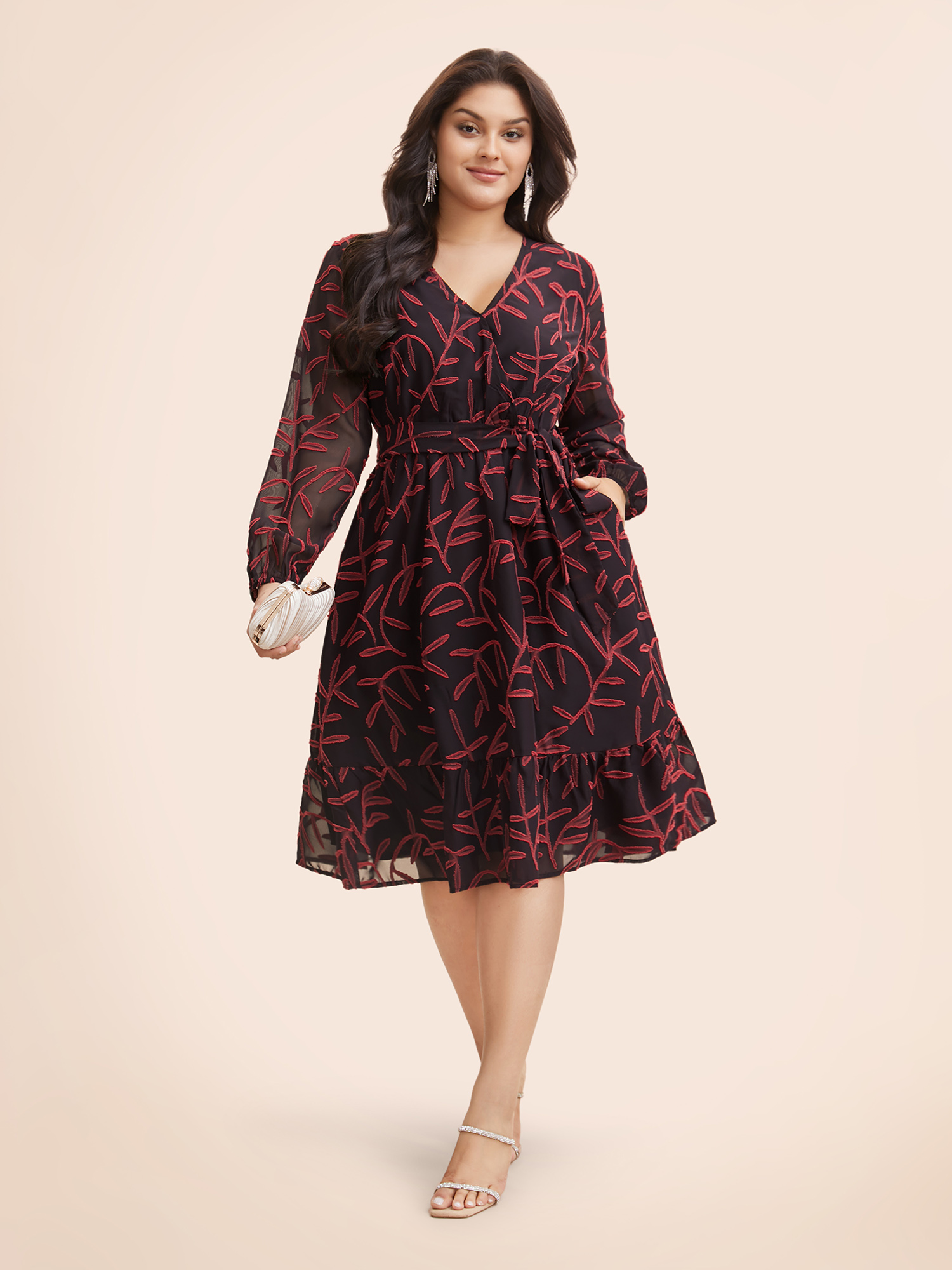 

Plus Size Chiffon Jacquard Mesh Patchwork Belted Dress Black Women Cocktail Texture Overlap Collar Long Sleeve Curvy BloomChic