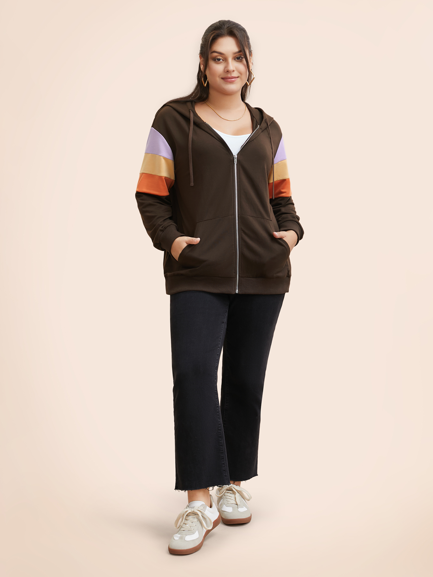 Plus Size Colorblock Contrast Pocket Hooded Sweatshirt Women DarkBrown Casual Contrast Hooded Everyday Sweatshirts BloomChic 12/L 