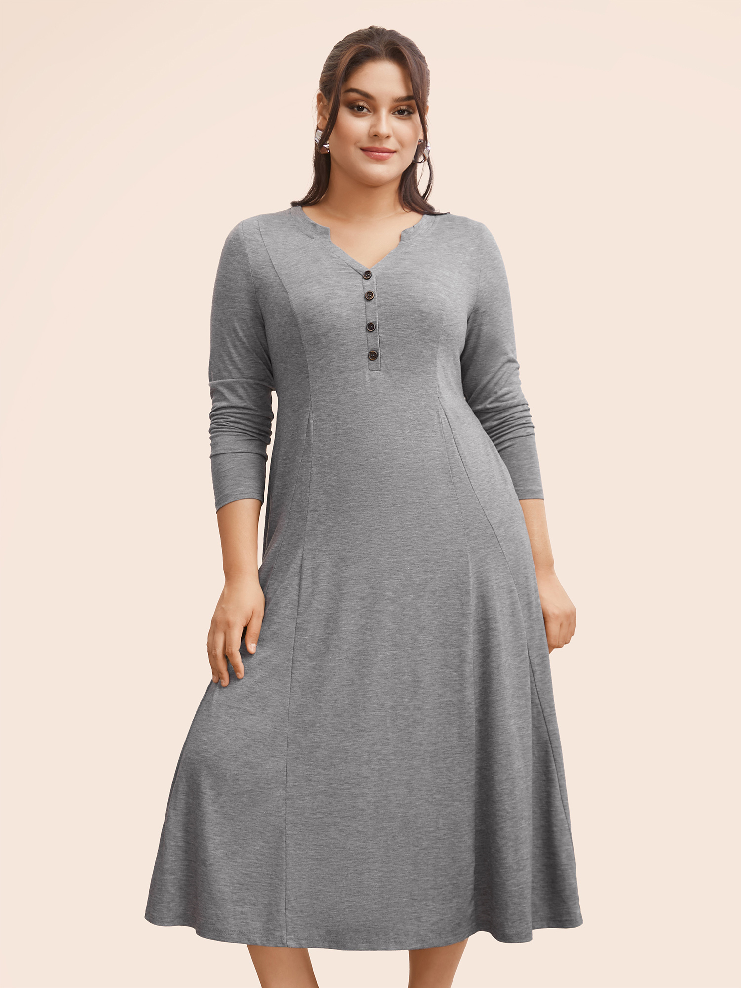 

Plus Size Notched Solid Heather Midi Dress Mediumgray Women Casual Button Notched collar Long Sleeve Curvy BloomChic