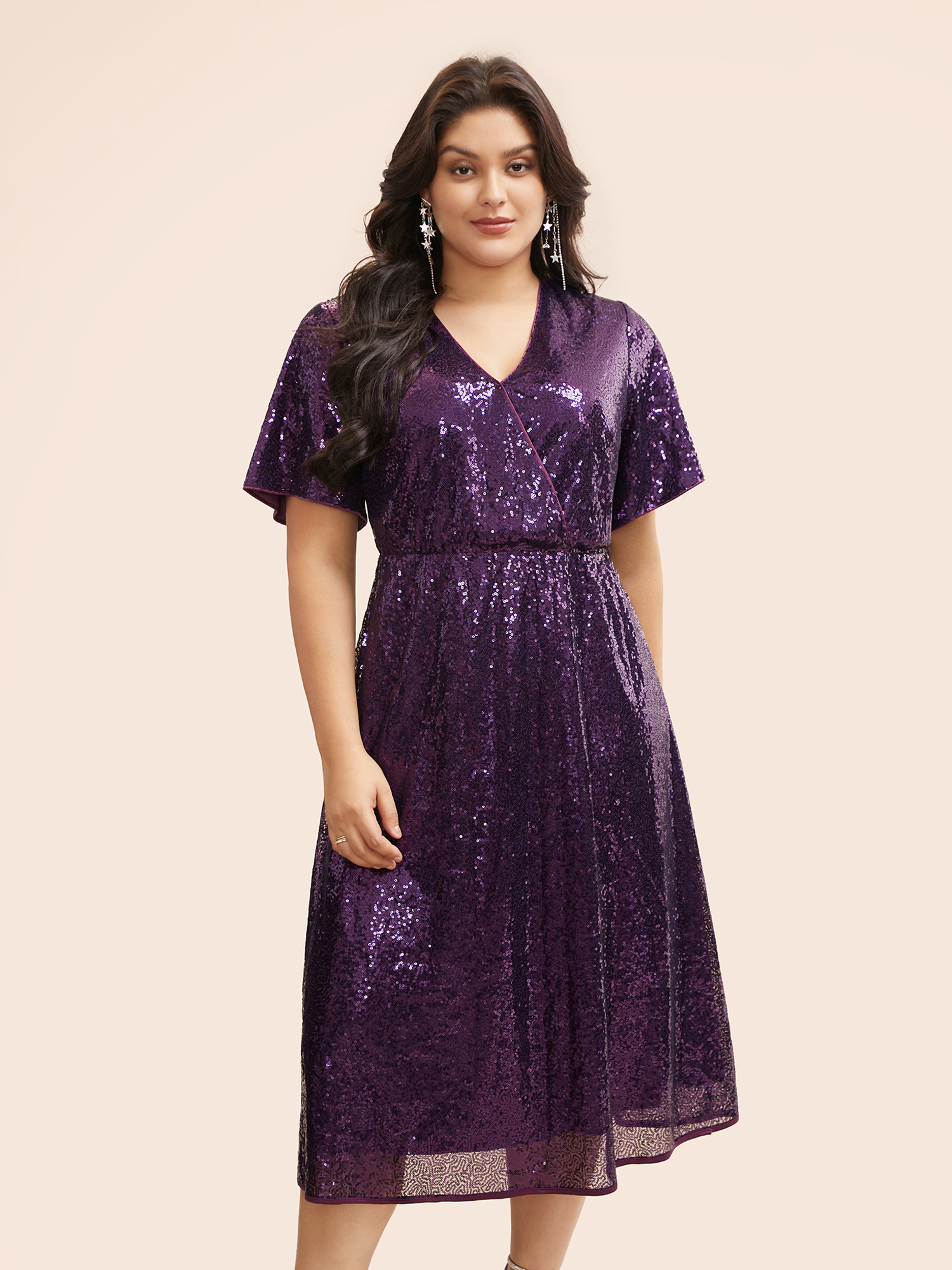 

Plus Size Sequin Overlap Collar Ruffle Sleeve Dress Deeppurple Women Cocktail Texture Overlap Collar Short sleeve Curvy BloomChic