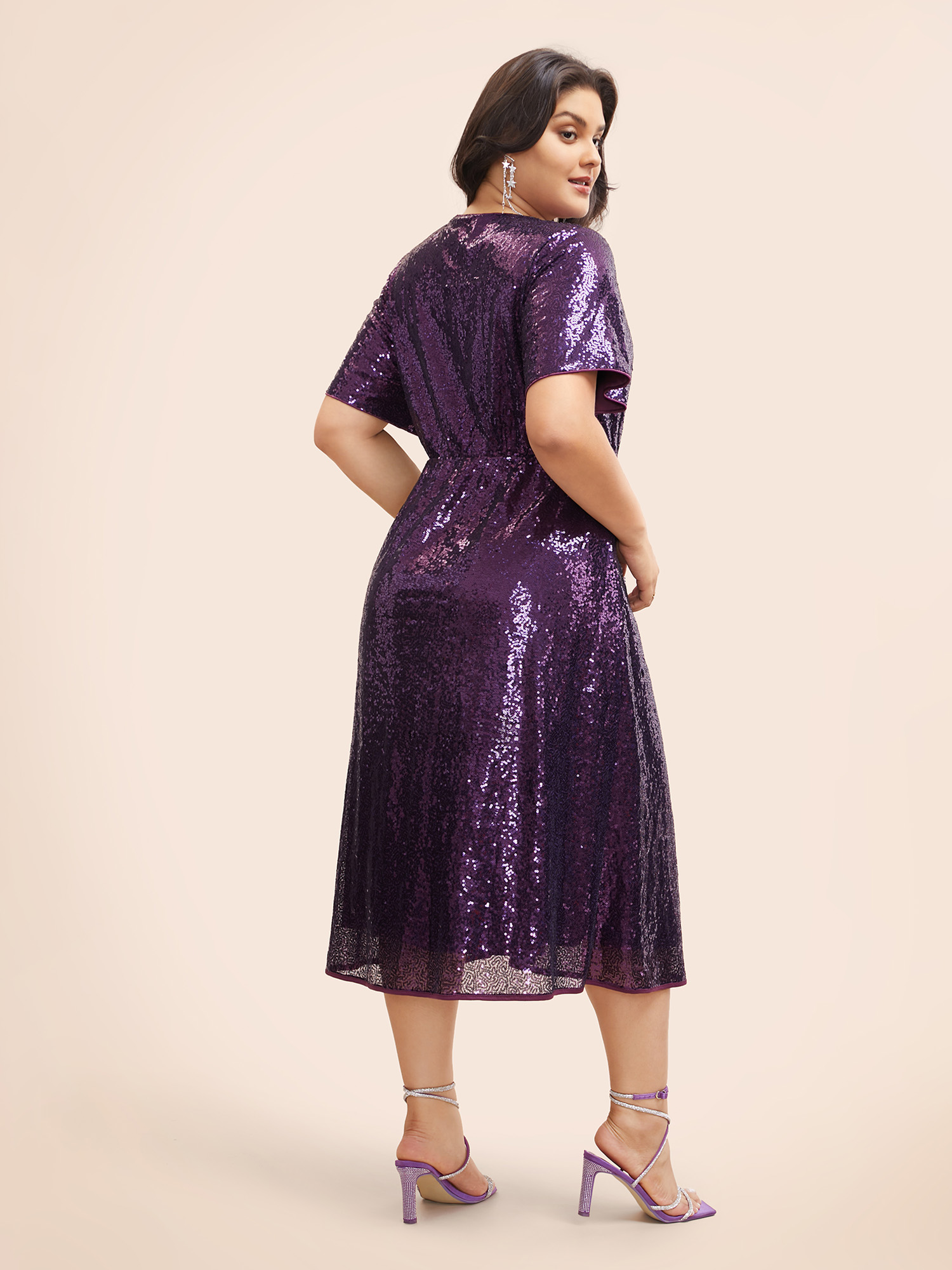 

Plus Size Sequin Overlap Collar Ruffle Sleeve Dress Deeppurple Women Cocktail Texture Overlap Collar Short sleeve Curvy BloomChic