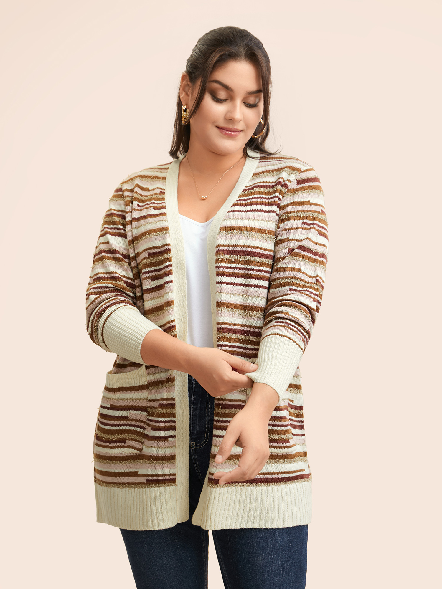 

Plus Size Striped Kimono Collar Pocket Cardigan Beige Women Casual Loose Long Sleeve Everyday Cardigans BloomChic