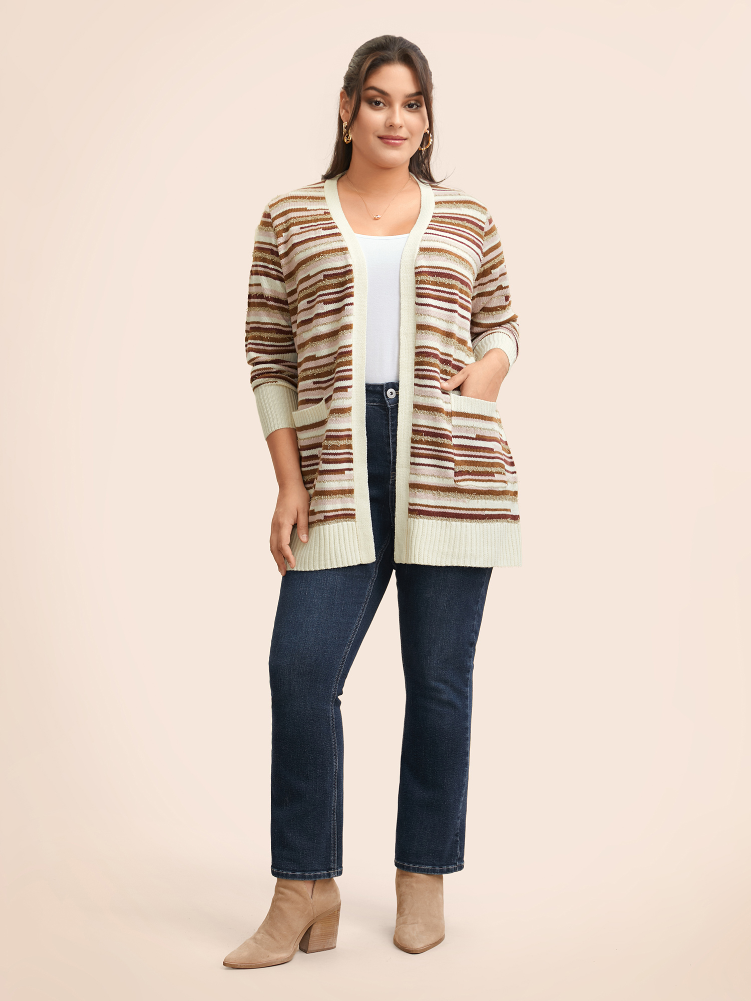 

Plus Size Striped Kimono Collar Pocket Cardigan Beige Women Casual Loose Long Sleeve Everyday Cardigans BloomChic