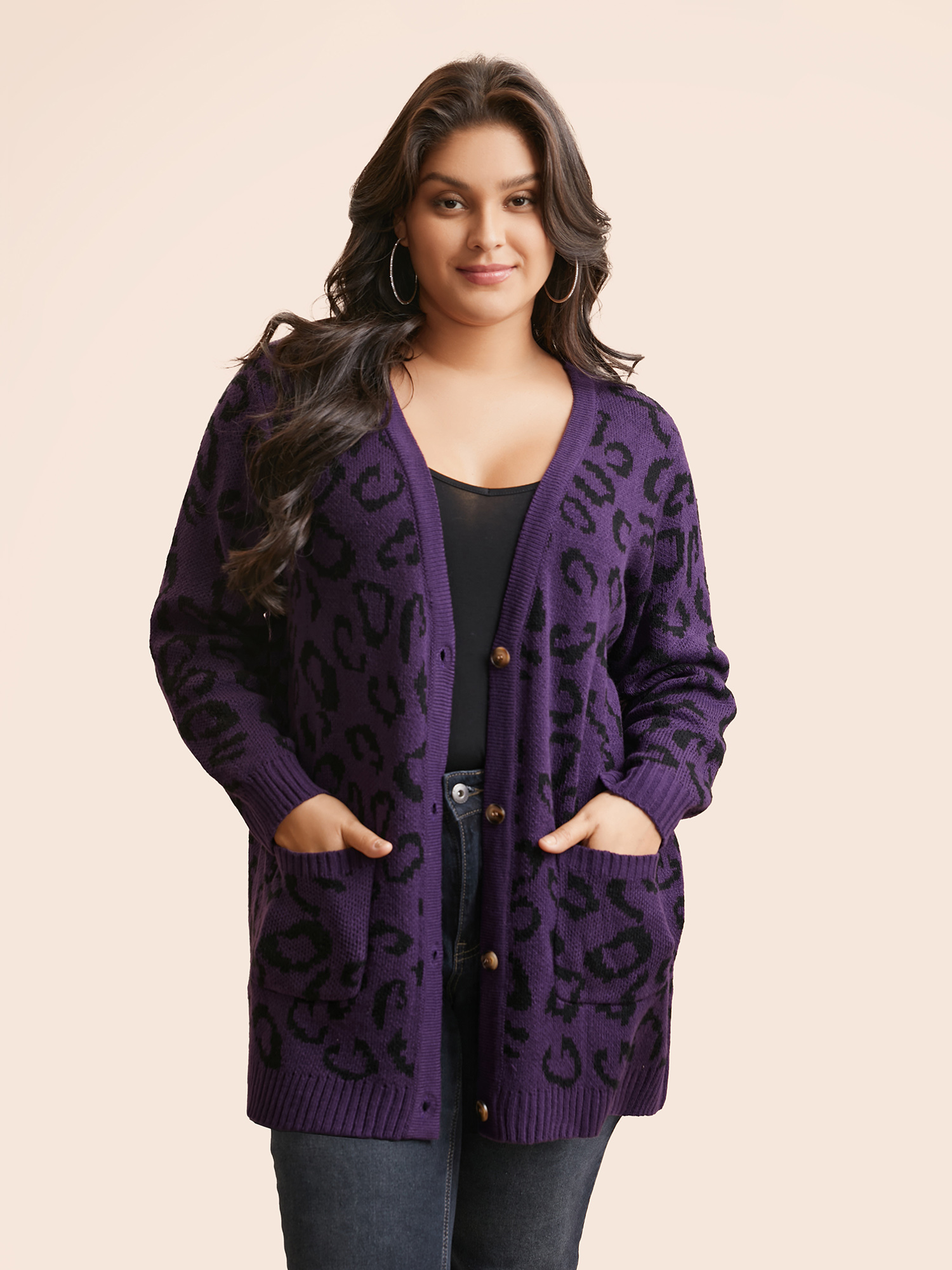 

Plus Size Leopard Print Patched Pocket Cardigan Eggplant Women Casual Loose Long Sleeve Everyday Cardigans BloomChic