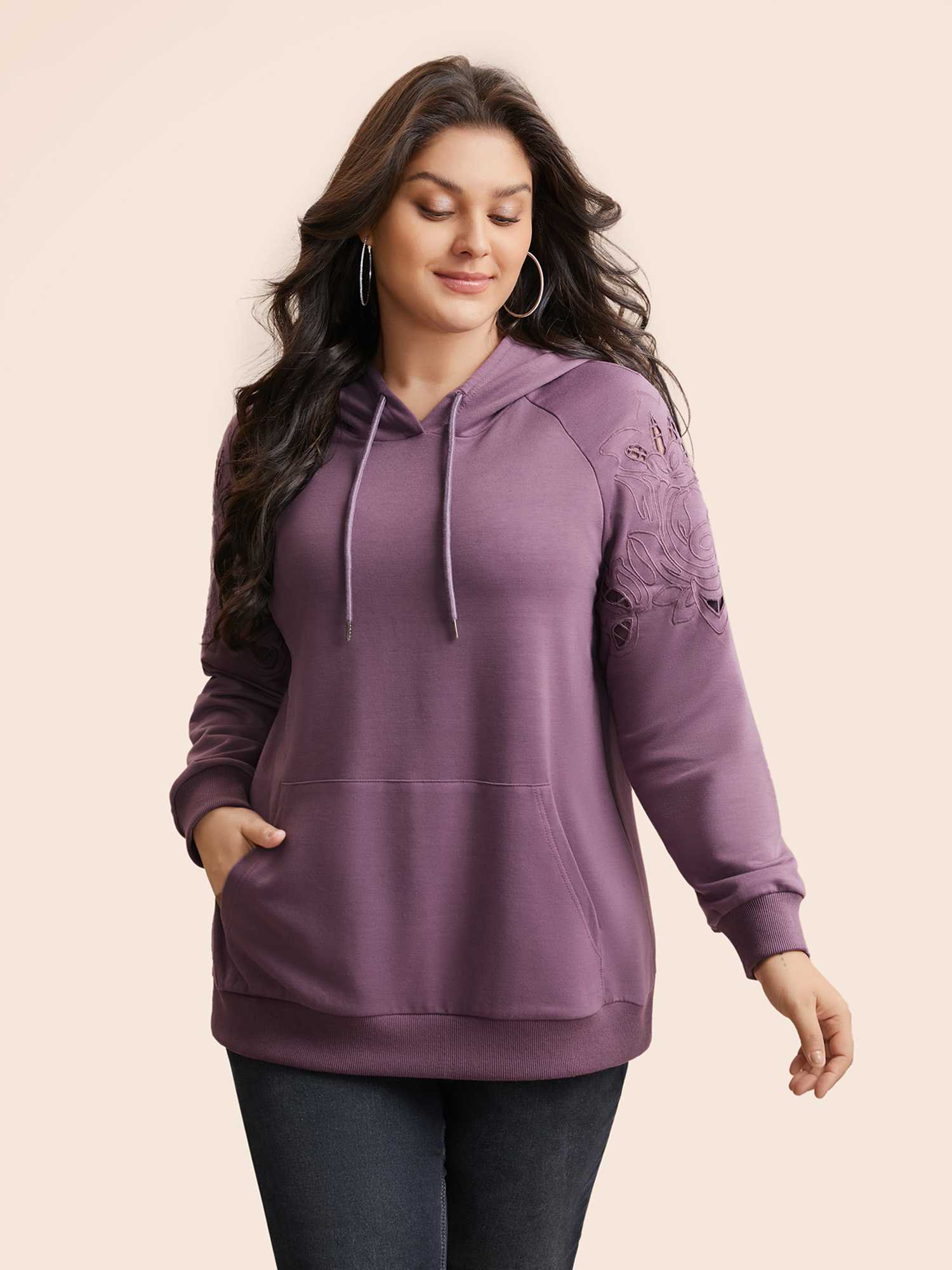 

Plus Size Floral Embroidered Cut Out Hooded Sweatshirt Women Mauve Casual Cut-Out Hooded Everyday Sweatshirts BloomChic