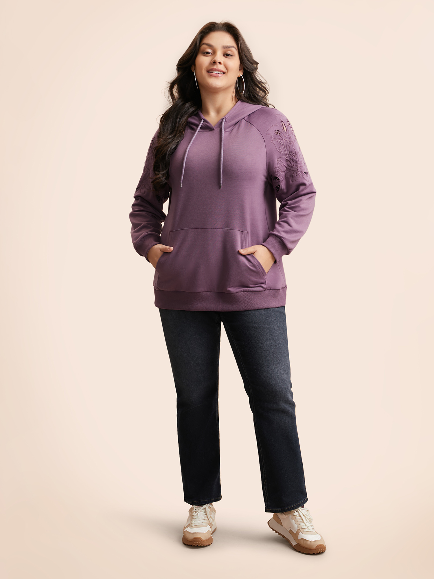 Plus Size Floral Embroidered Cut Out Hooded Sweatshirt Women Mauve Casual Cut-Out Hooded Everyday Sweatshirts BloomChic 18-20/2X 