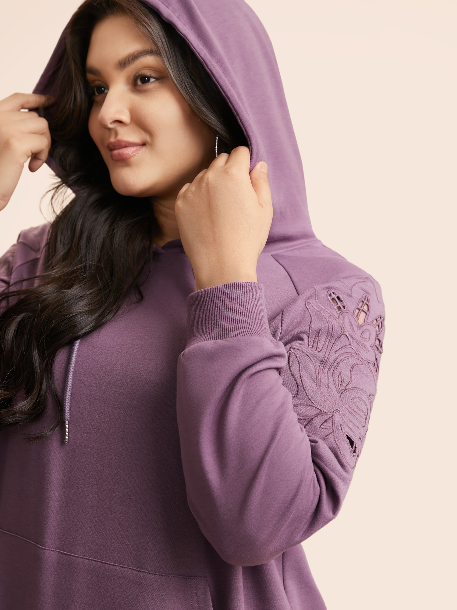 Plus Size Floral Embroidered Cut Out Hooded Sweatshirt Women Mauve Casual Cut-Out Hooded Everyday Sweatshirts BloomChic 18-20/2X 