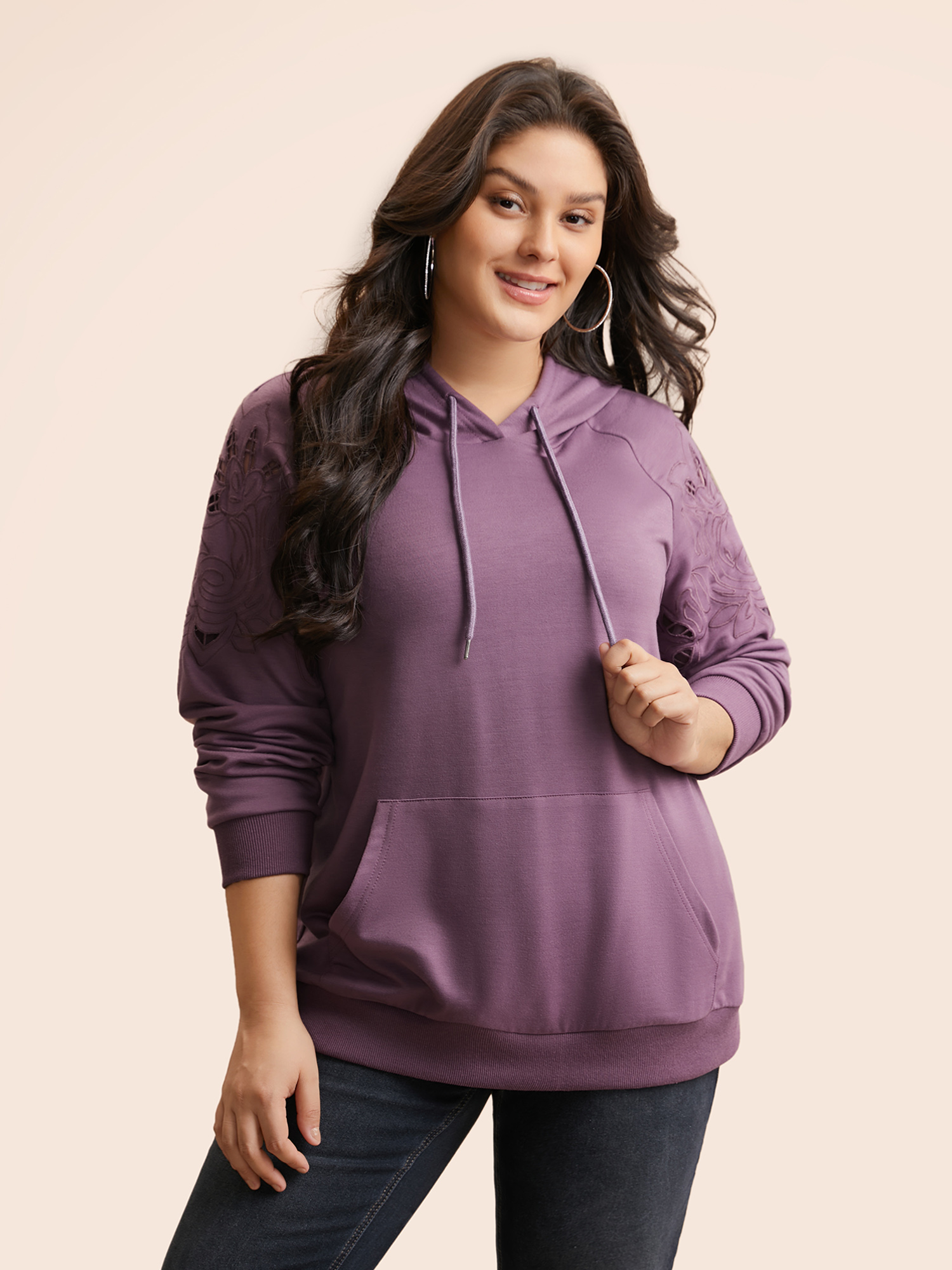 

Plus Size Floral Embroidered Cut Out Hooded Sweatshirt Women Mauve Casual Cut-Out Hooded Everyday Sweatshirts BloomChic