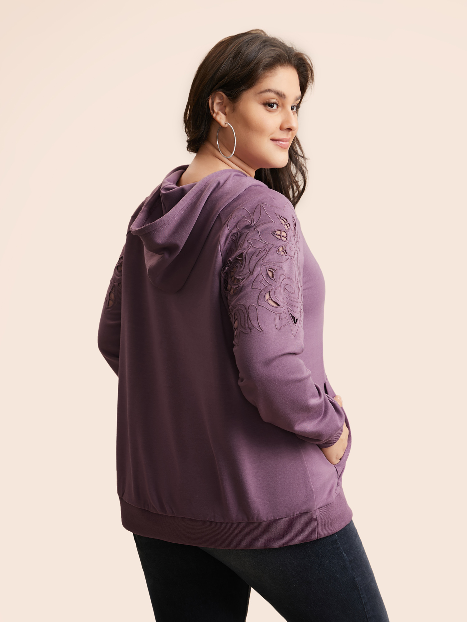 Plus Size Floral Embroidered Cut Out Hooded Sweatshirt Women Mauve Casual Cut-Out Hooded Everyday Sweatshirts BloomChic 18-20/2X 