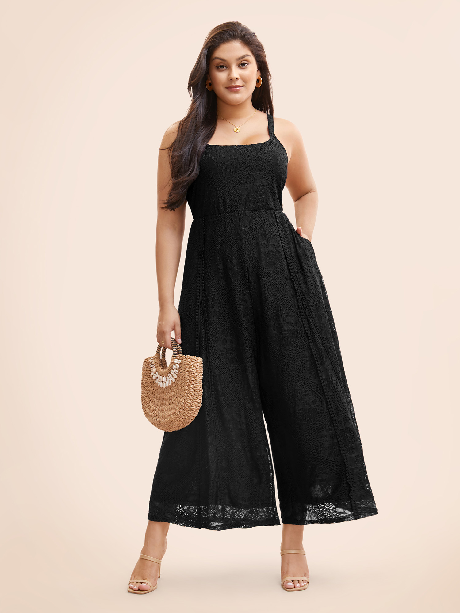 

Plus Size Black Square Neck Lace Panel Gathered Jumpsuit Women Resort Sleeveless Square Neck Vacation Loose Jumpsuits BloomChic