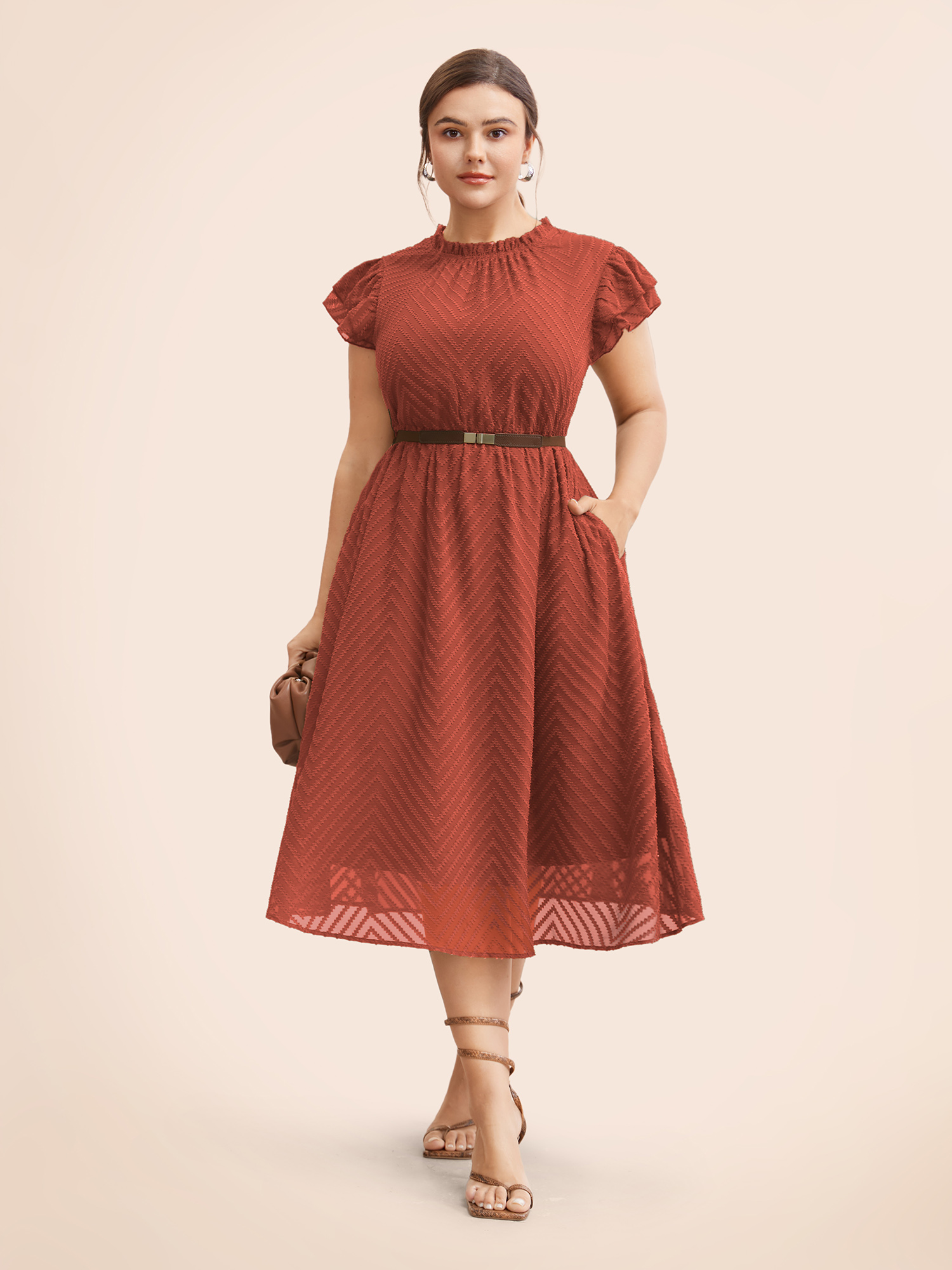 

Plus Size Plain Geometric Layered Sleeve Pocket Ruffle Mock Neck Dress Russet Women Office See through Round Neck Cap Sleeve Curvy Midi Dress BloomChic