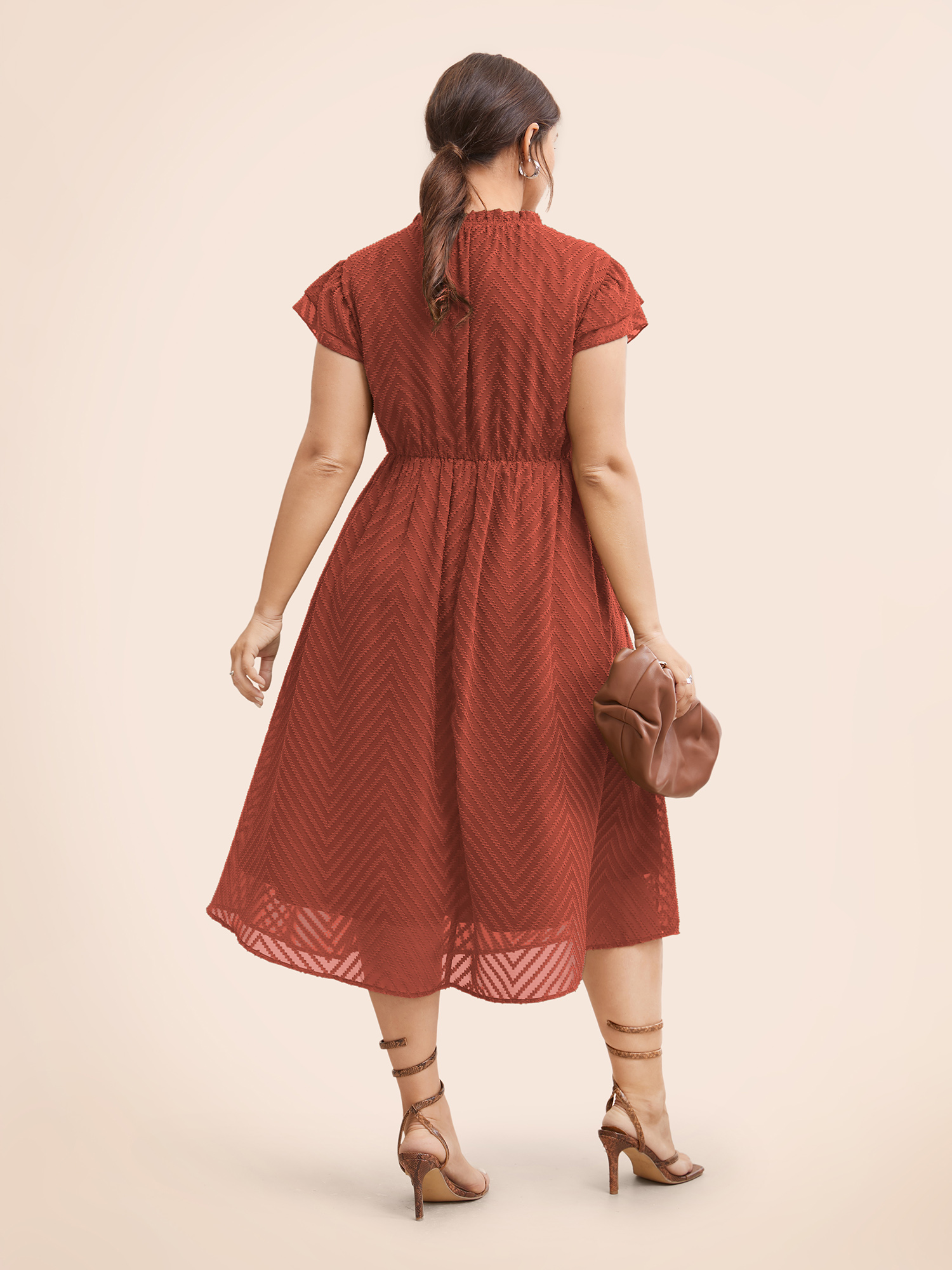 

Plus Size Plain Geometric Layered Sleeve Pocket Ruffle Mock Neck Dress Russet Women Office See through Round Neck Cap Sleeve Curvy Midi Dress BloomChic