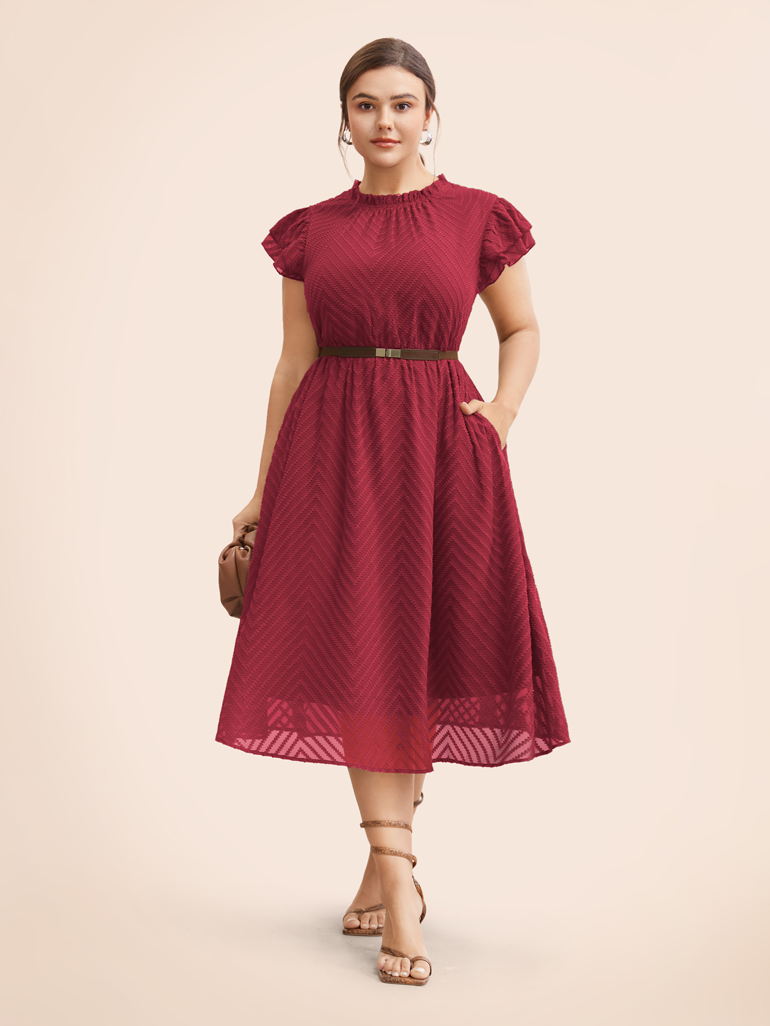 

Plus Size Plain Geometric Layered Sleeve Pocket Ruffle Mock Neck Dress Rosered Women Office See through Round Neck Cap Sleeve Curvy Midi Dress BloomChic