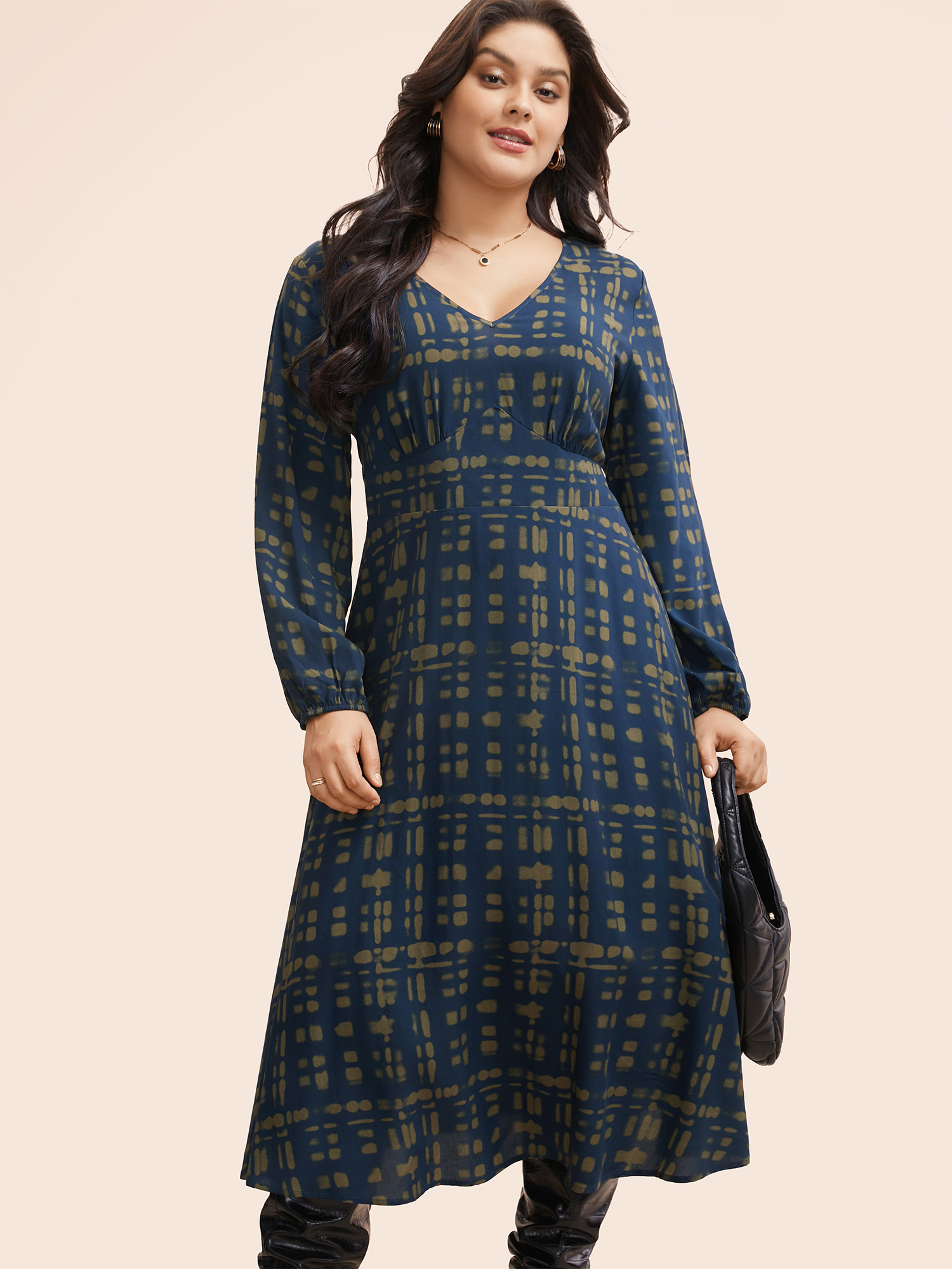 

Plus Size V Neck Plaid Lantern Sleeve Dress Olive Women Workwear Essentials Gathered V-neck Long Sleeve Curvy BloomChic