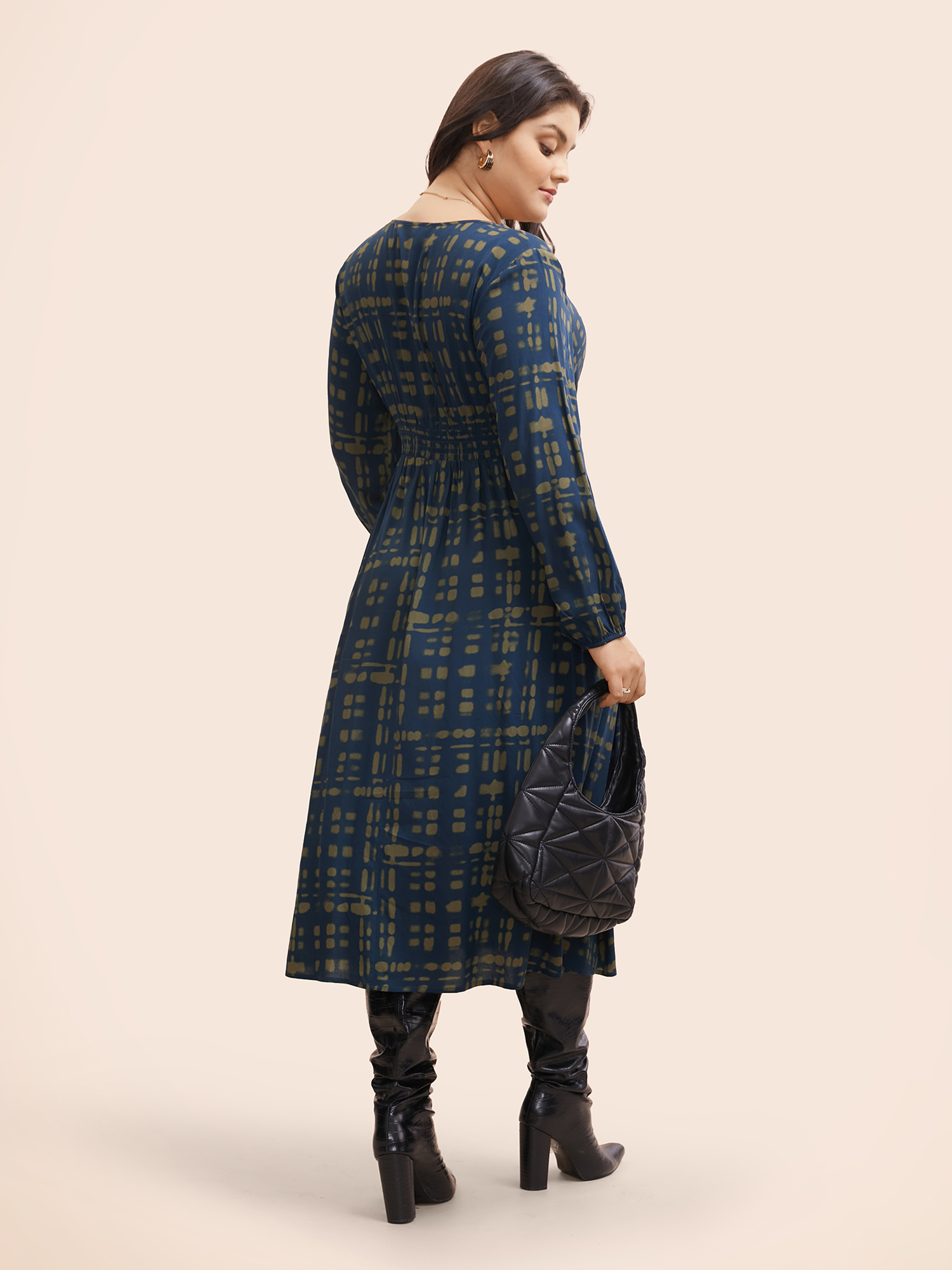 

Plus Size V Neck Plaid Lantern Sleeve Dress Olive Women Workwear Essentials Gathered V-neck Long Sleeve Curvy BloomChic