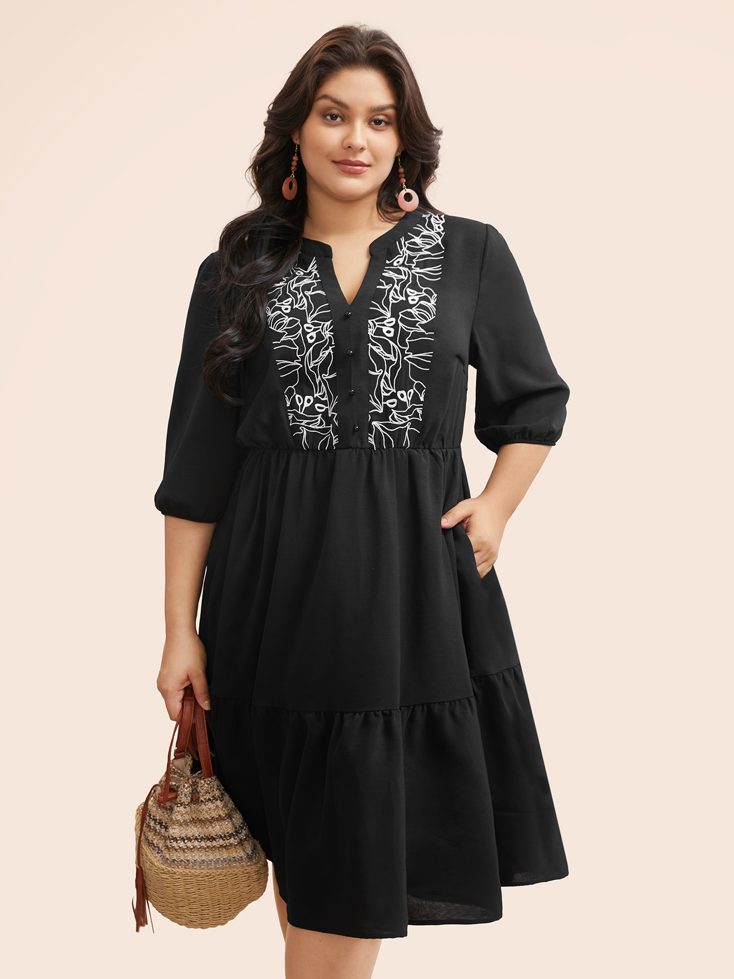 

Plus Size Notched Floral Embroidered Button Detail Dress Black Women Resort Embroidered Flat collar with V-notch Elbow-length sleeve Curvy BloomChic