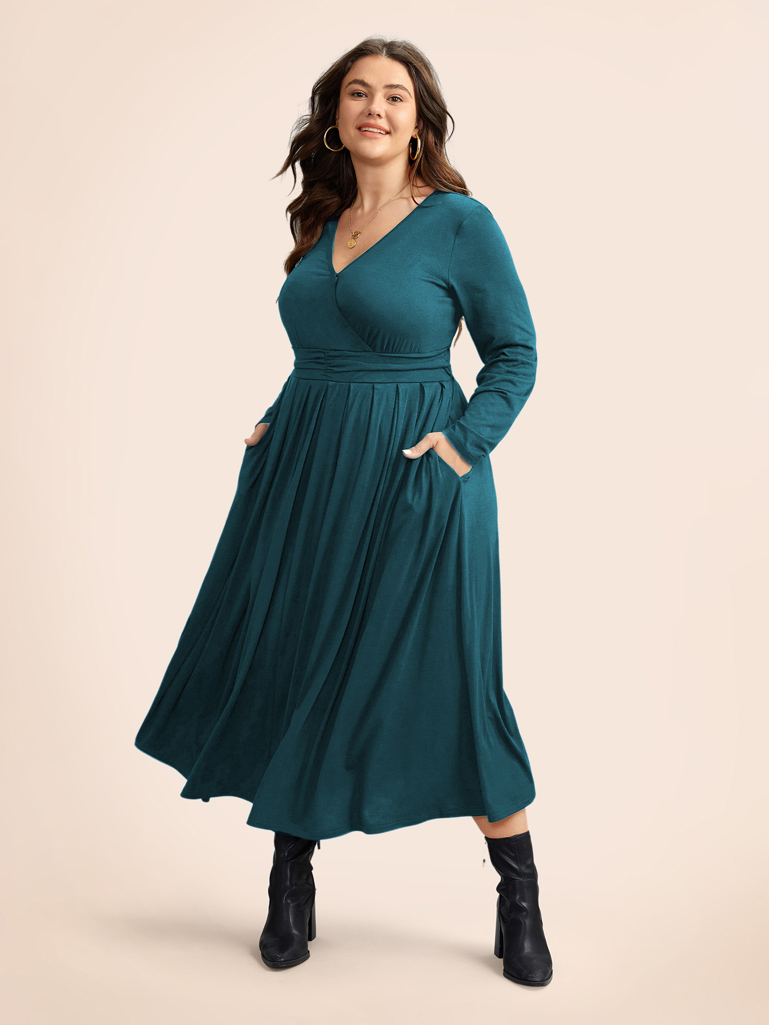 

Plus Size Supersoft Essentials Ruched Wrap Pleated Hem Dress Aegean Women Casual Non Overlap Collar Long Sleeve Curvy Midi Dress BloomChic