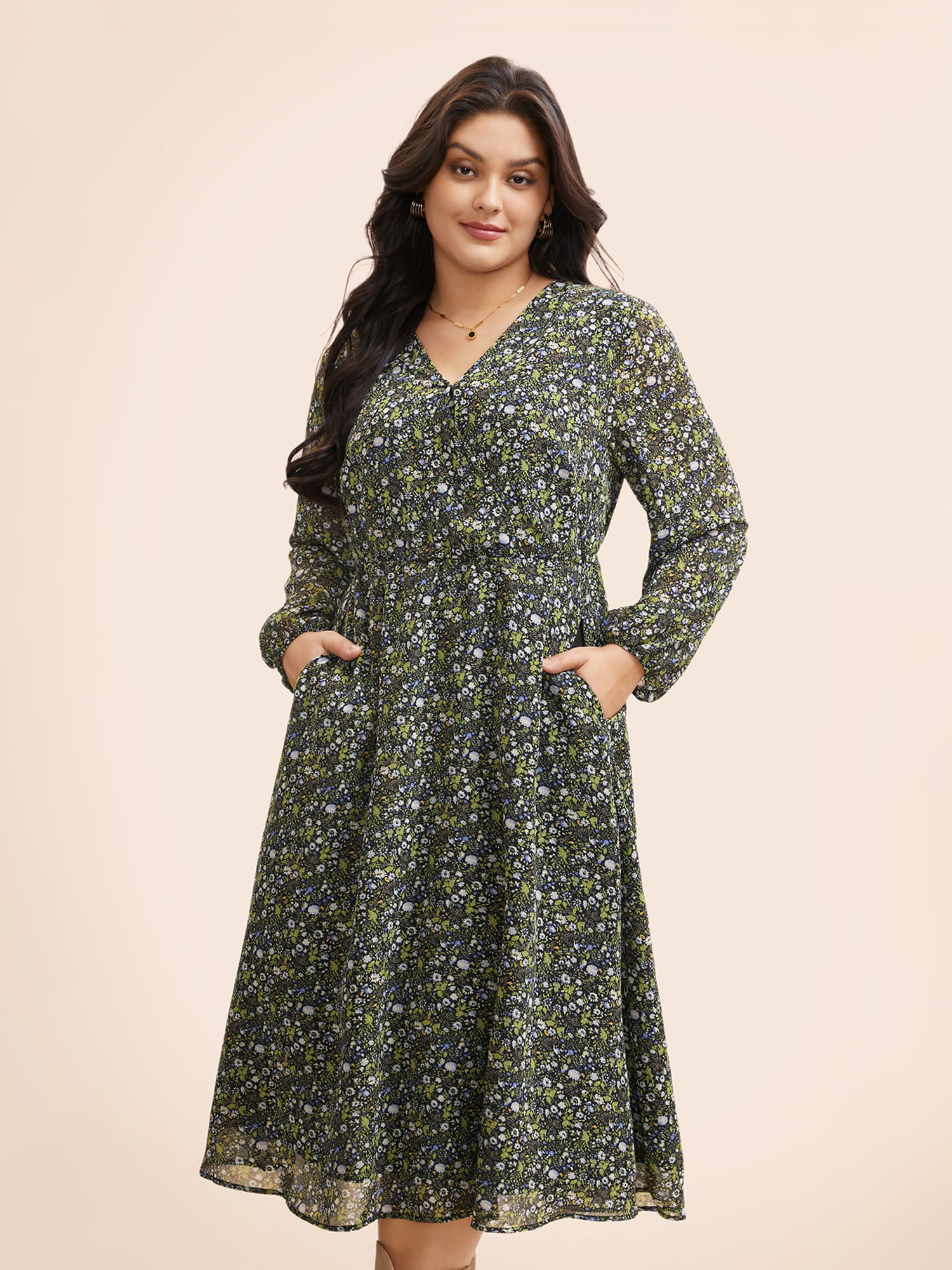 

Plus Size Ditsy Floral Overlap Collar Midi Dress Moss Women Elegant See through Overlap Collar Long Sleeve Curvy BloomChic