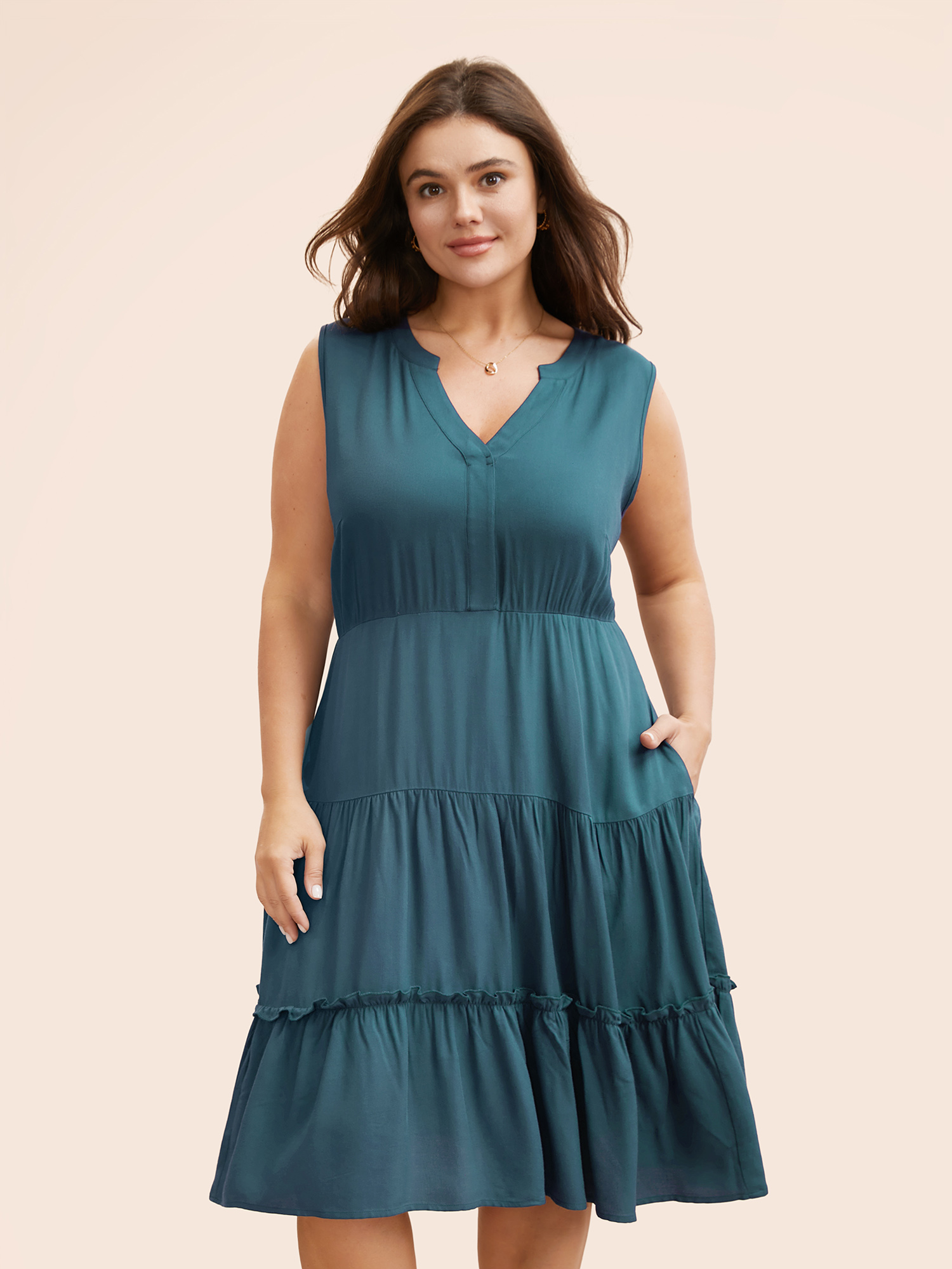 

Plus Size Supersoft Essentials Notched Ruffle Layered Hem Sleeveless Dress Cerulean Women Elegant Gathered V-neck Sleeveless Curvy Midi Dress BloomChic