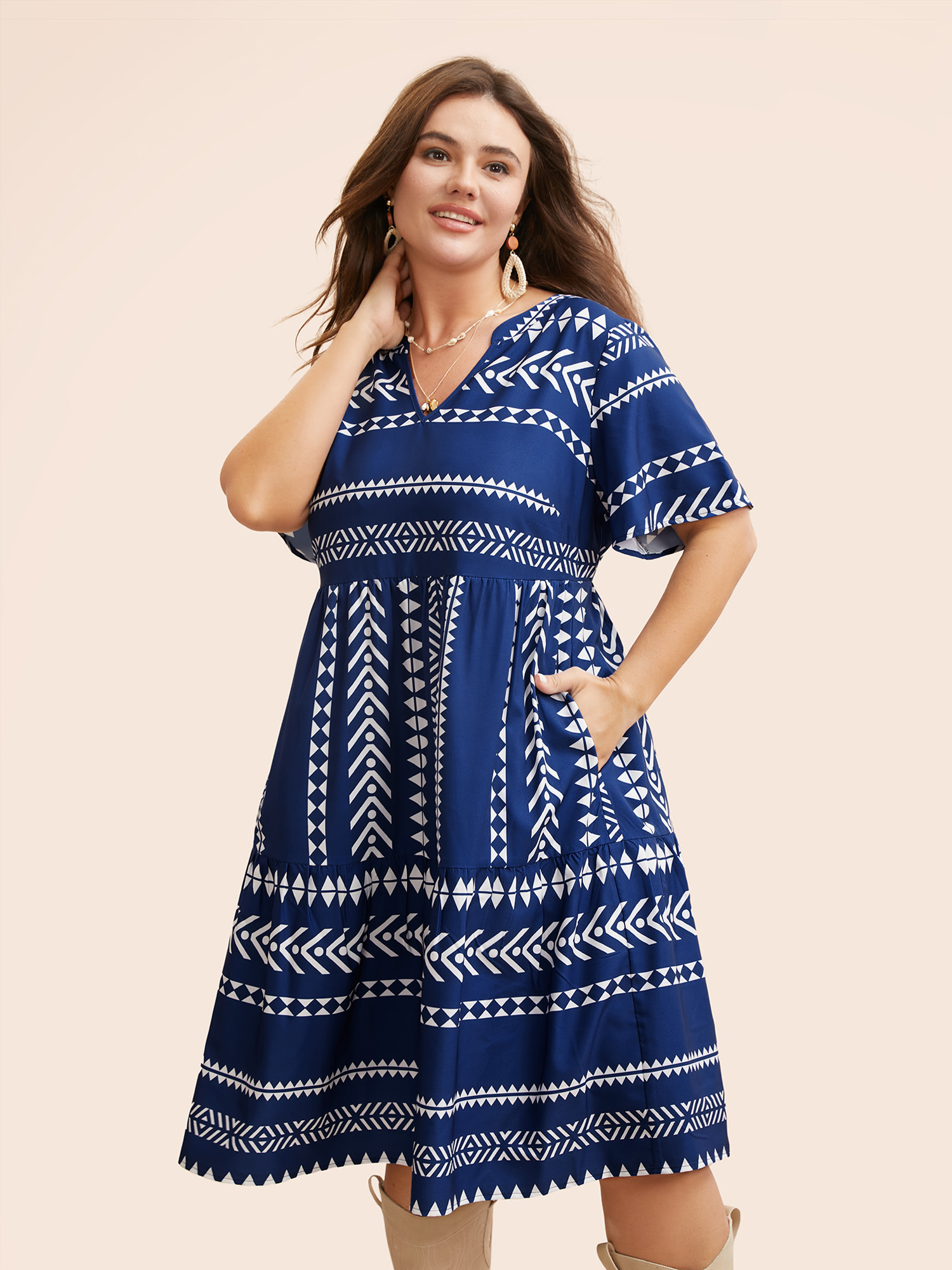 

Plus Size Bandana Geometric Ruffle Sleeve Babydoll Dress DarkBlue Women Vacation Notched collar Short sleeve Curvy Knee Dress BloomChic