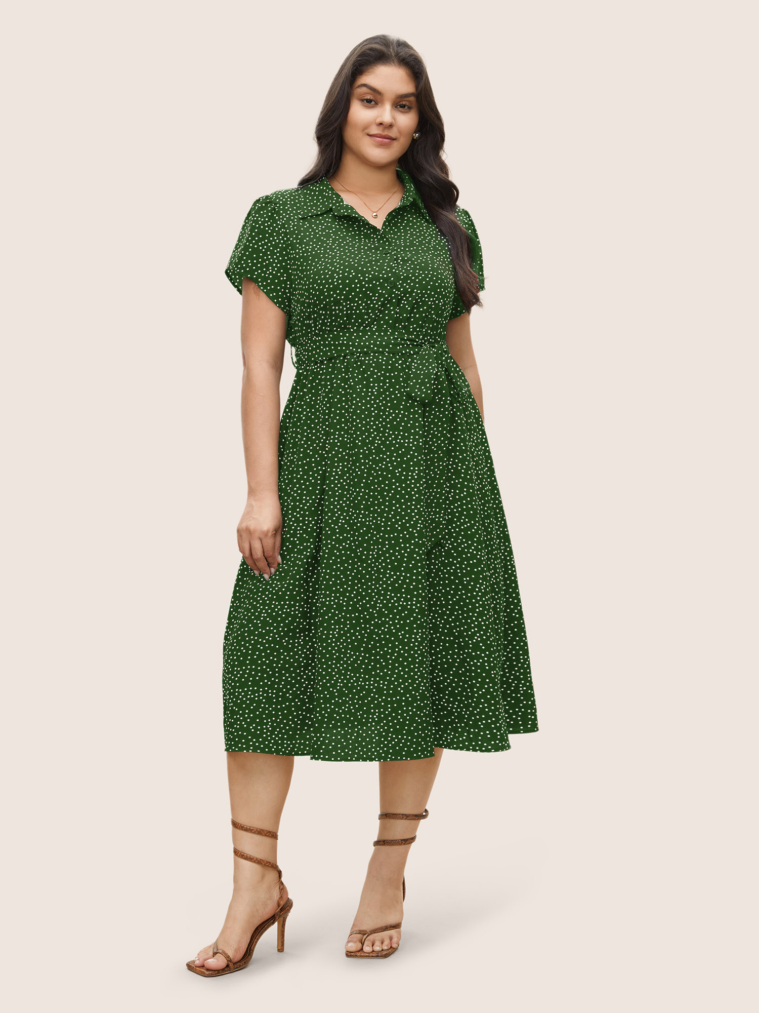 

Plus Size Polka Dot Shirt Collar Pocket Button Up Dress DarkGreen Women At the Office Non Shirt collar Short sleeve Curvy Midi Dress BloomChic