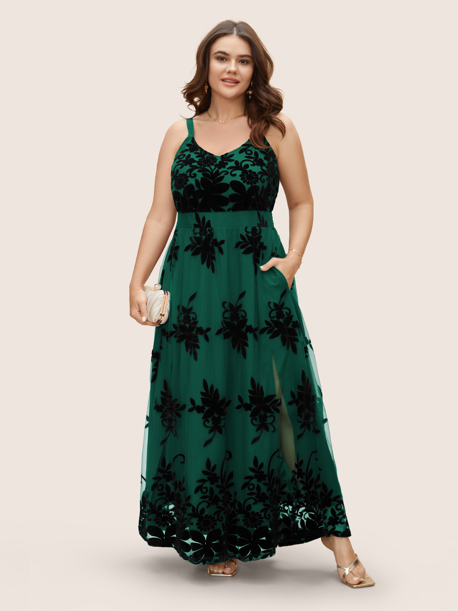 

Plus Size Floral Flocked Tulle Split Hem Dress DarkGreen Women Formal Texture V-neck Sleeveless Curvy BloomChic