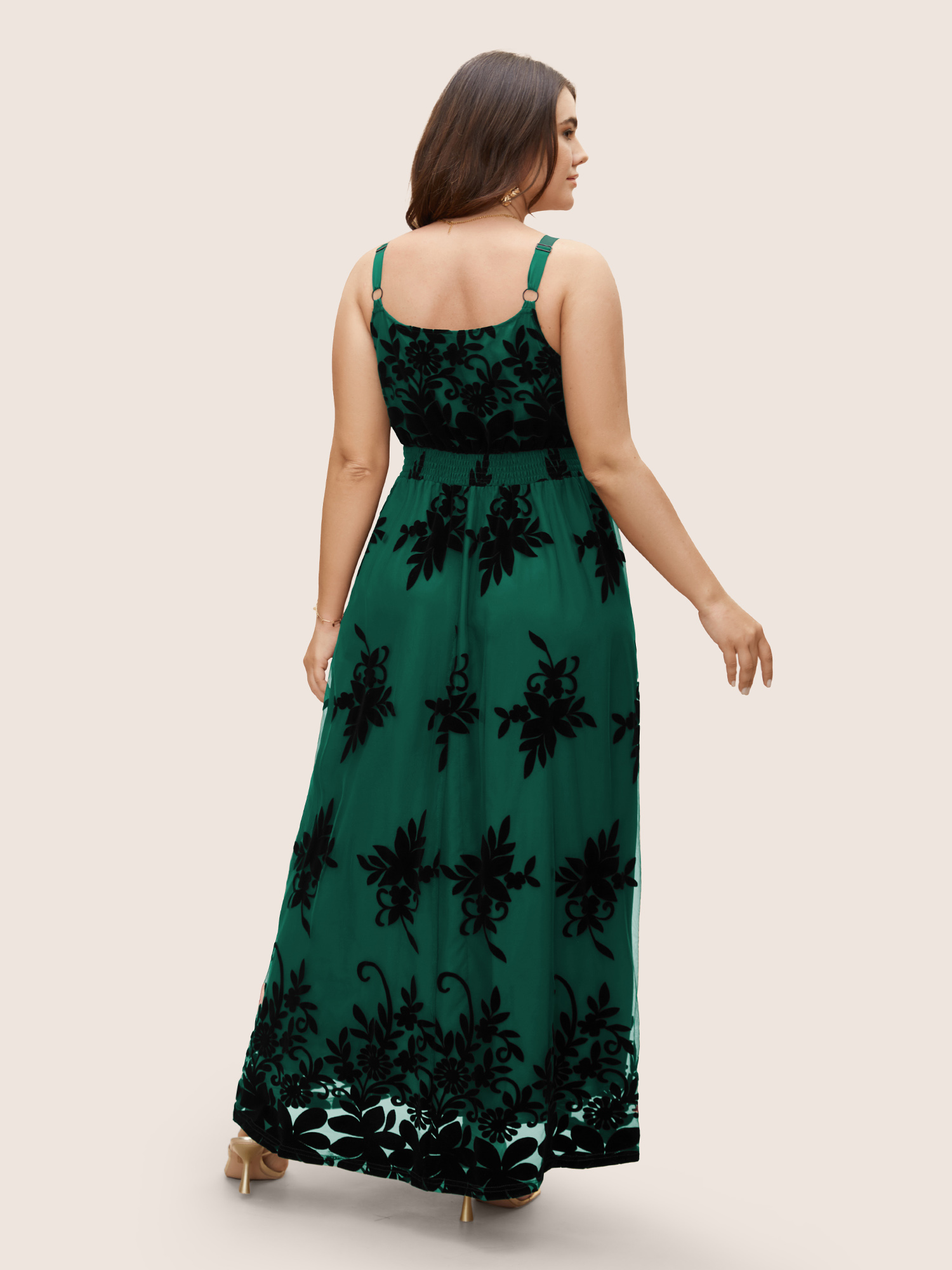 

Plus Size Floral Flocked Tulle Split Hem Dress DarkGreen Women Formal Texture V-neck Sleeveless Curvy BloomChic